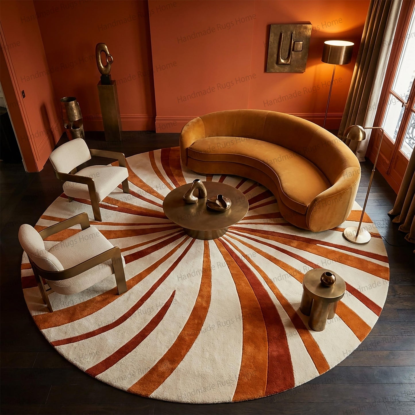 Hand Tufted Wool Sunburst Rug, Terracotta Round Area Floor Decor