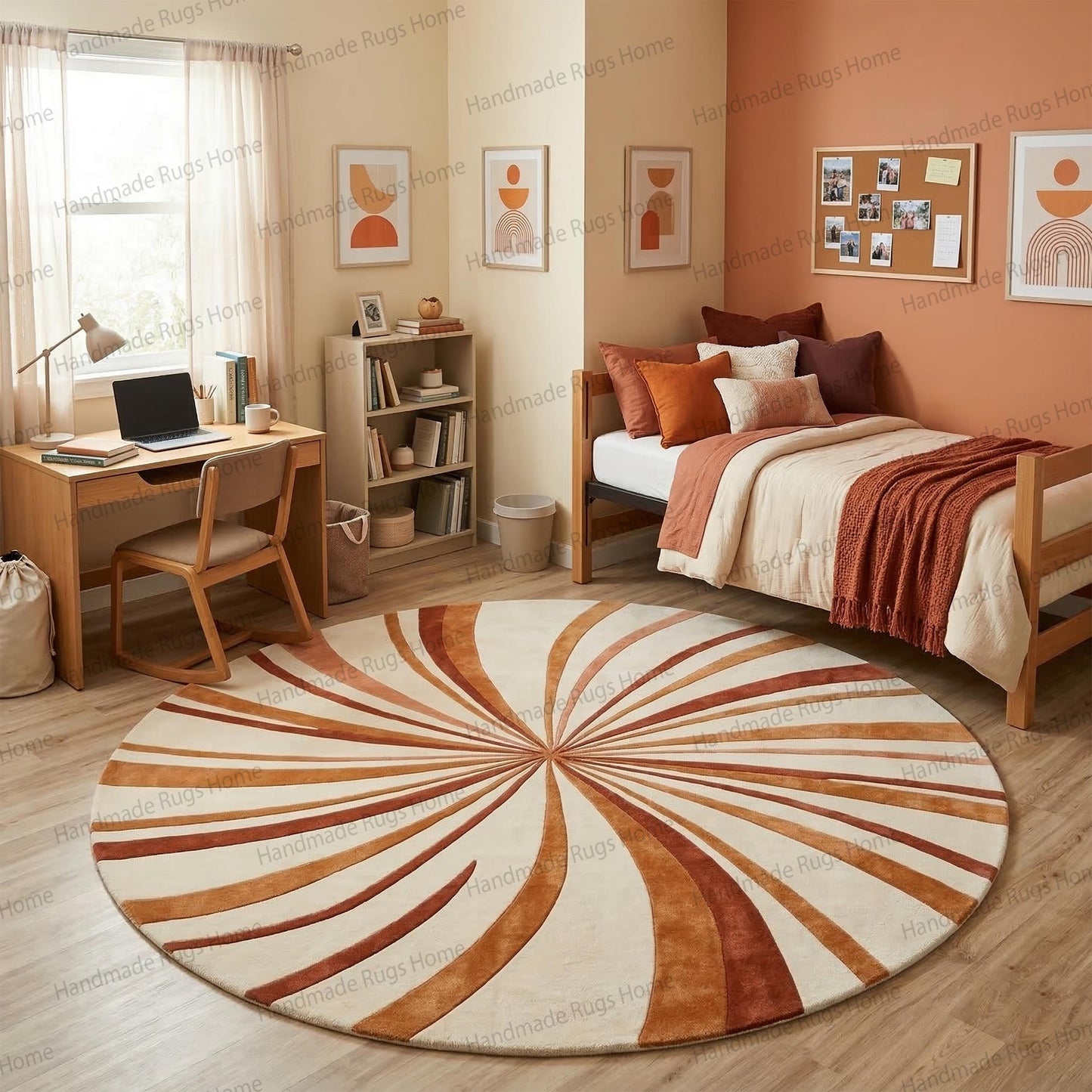 Hand Tufted Wool Sunburst Rug, Terracotta Round Area Floor Decor