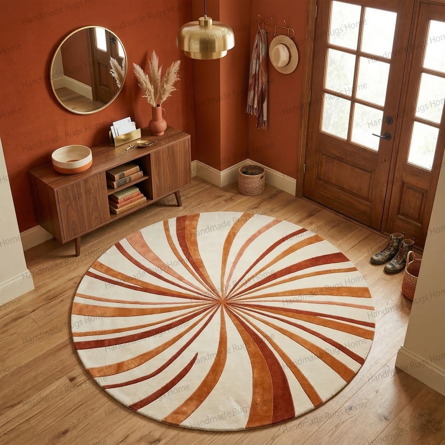 Hand Tufted Wool Sunburst Rug, Terracotta Round Area Floor Decor