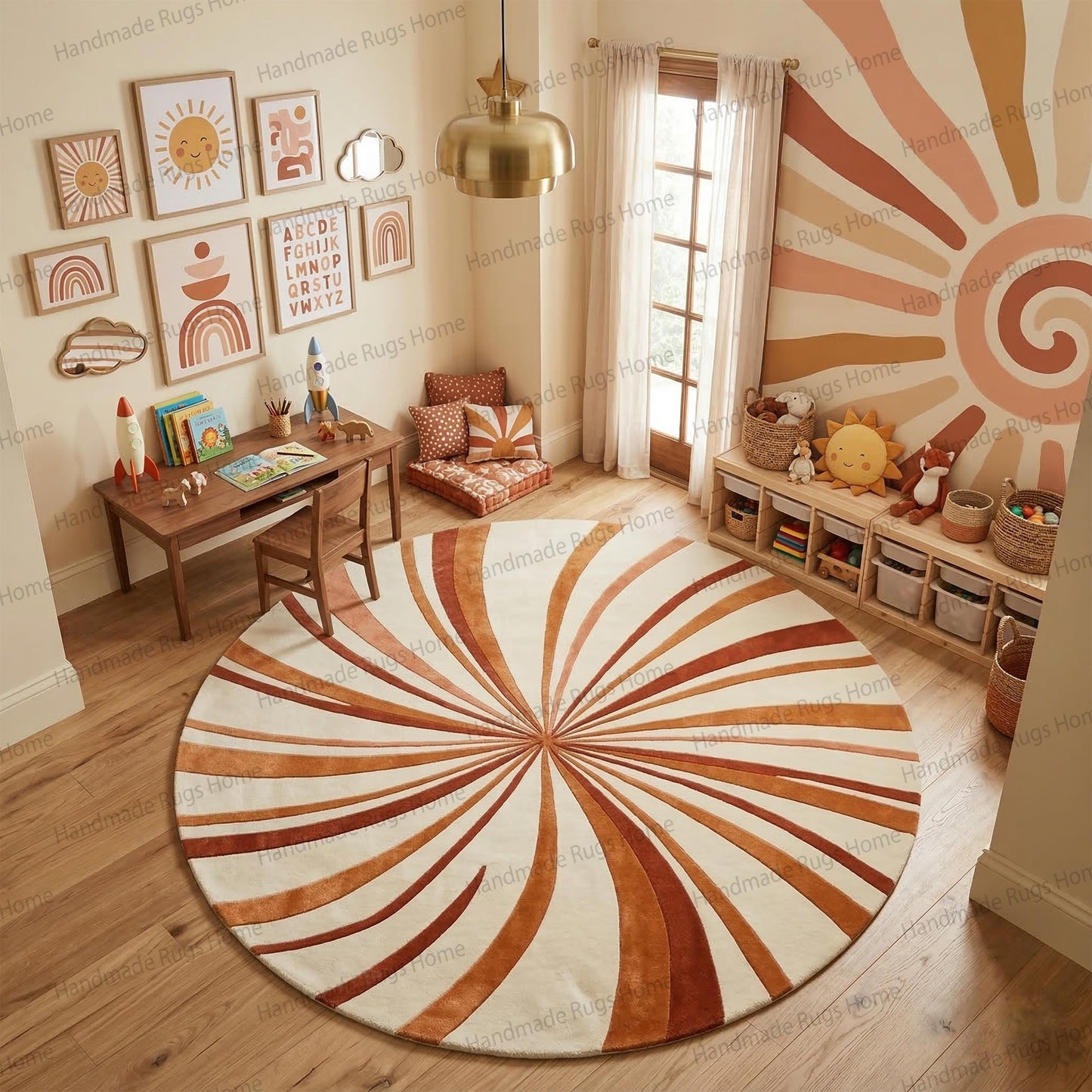 Hand Tufted Wool Sunburst Rug, Terracotta Round Area Floor Decor