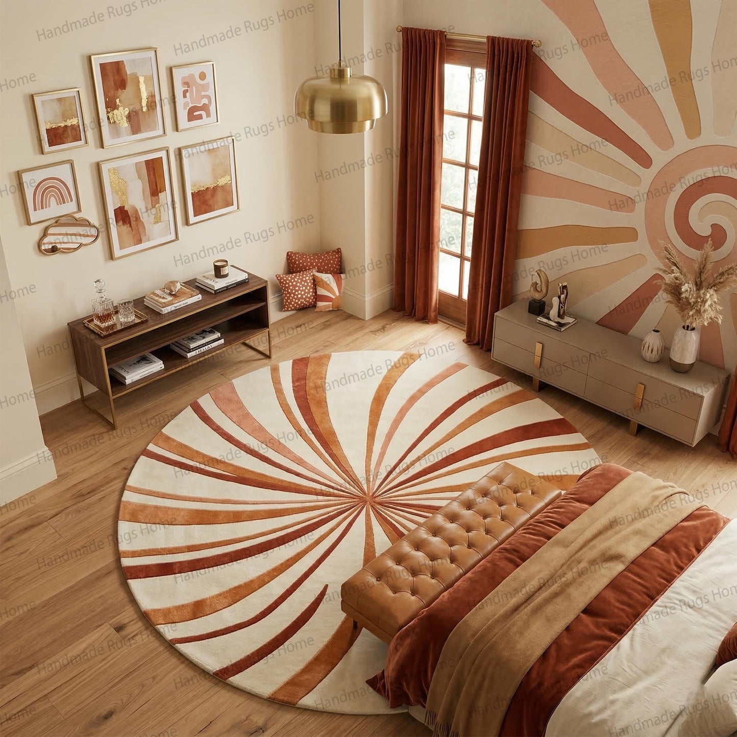 Hand Tufted Wool Sunburst Rug, Terracotta Round Area Floor Decor
