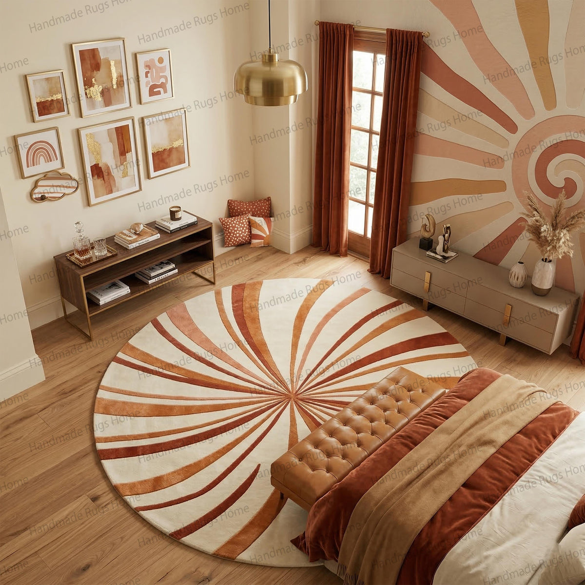 Hand Tufted Wool Sunburst Rug, Terracotta Round Area Floor Decor