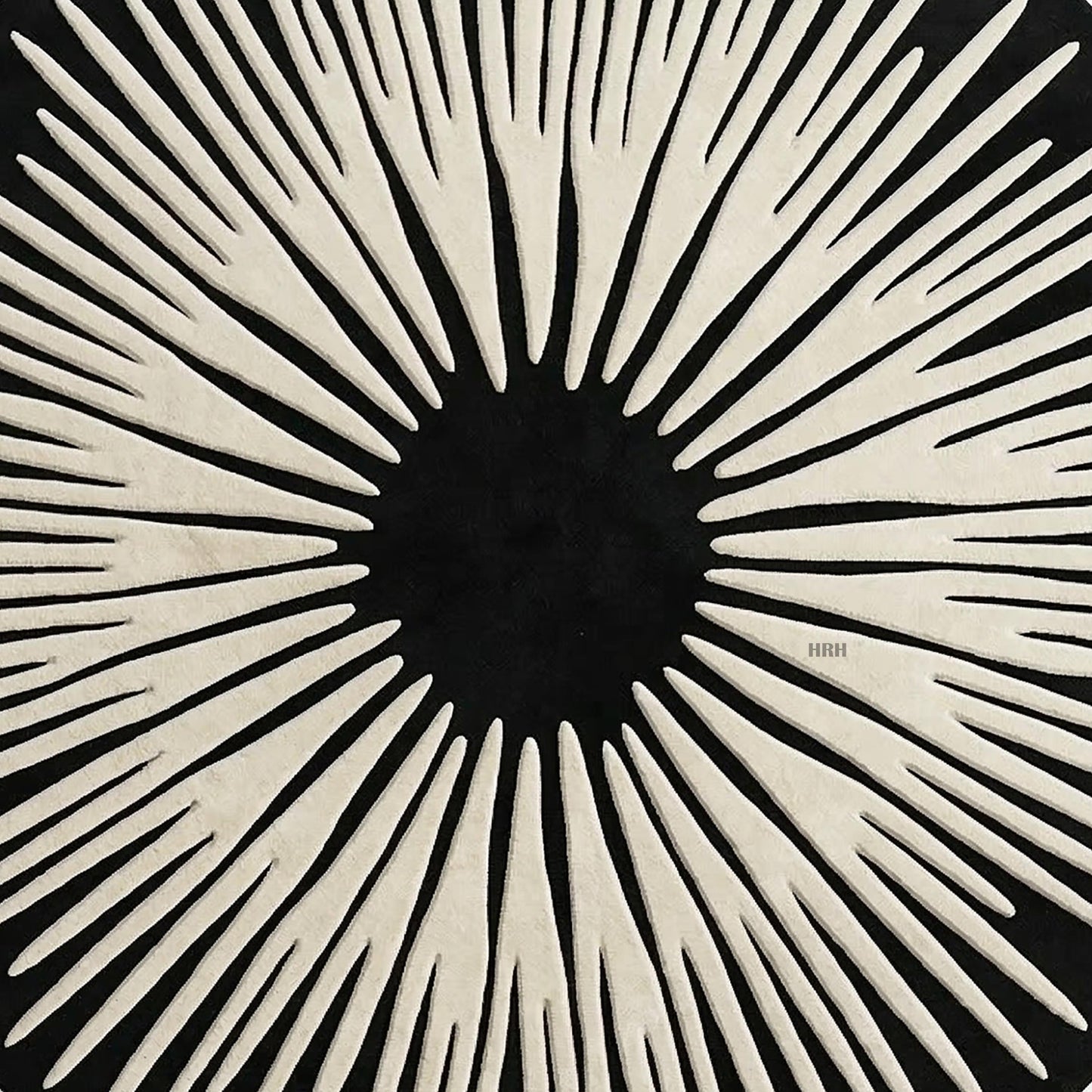 Trendy home decor showing a sun ray inspired tufted mat.

Beautifully woven round rug blending midcentury and contemporary art.

Upscale playroom interior featuring animal poufs and abstract carpet.

Bespoke floor design with radiating light and dark elements.

Handcrafted modern rug providing comfortable stylish base for furniture.