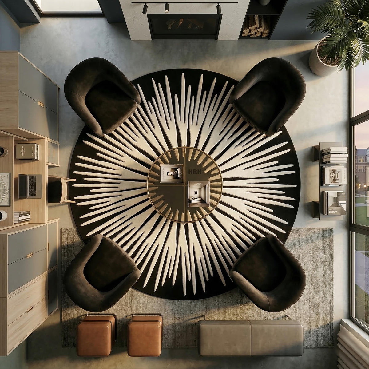 Round black and white hand tufted wool rug with sunburst pattern,

Modern circular area carpet featuring radiating ivory lines on dark background,

Luxury geometric starburst rug placed under glass coffee table,

Aerial view of modern living room with bold contrast flooring,

Mid-century modern style round carpet with abstract sun rays.