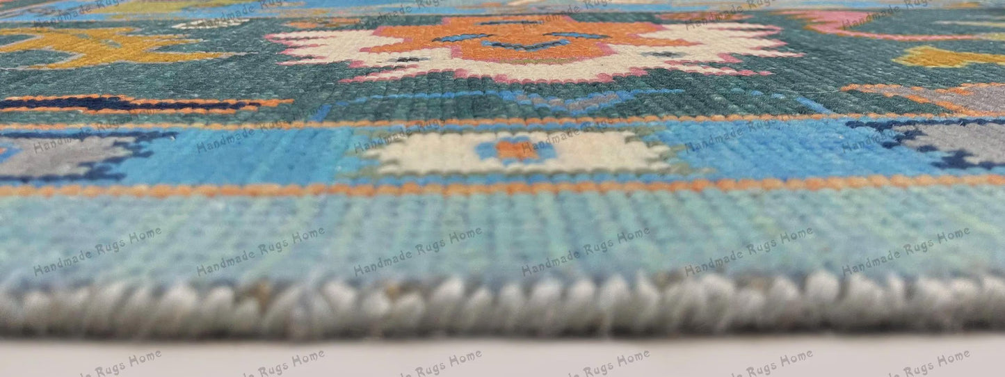 Teal Hand-Knotted Wool Rug: Turkish Style Oushak, Vintage-Inspired