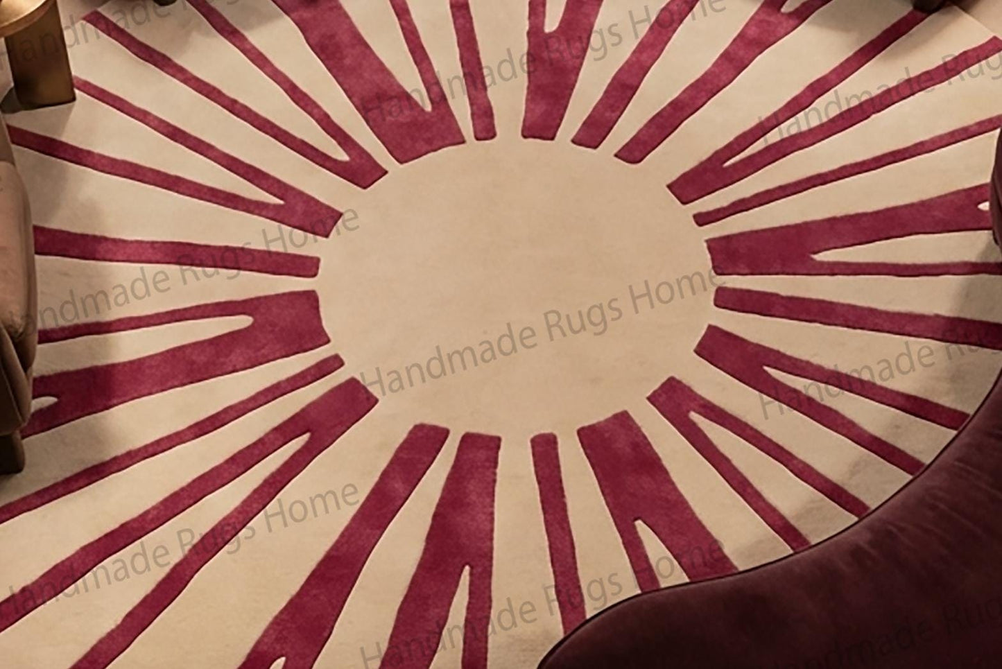 Hand Tufted Wool Sunburst Rug, Burnt Terracotta Circular Carpet
