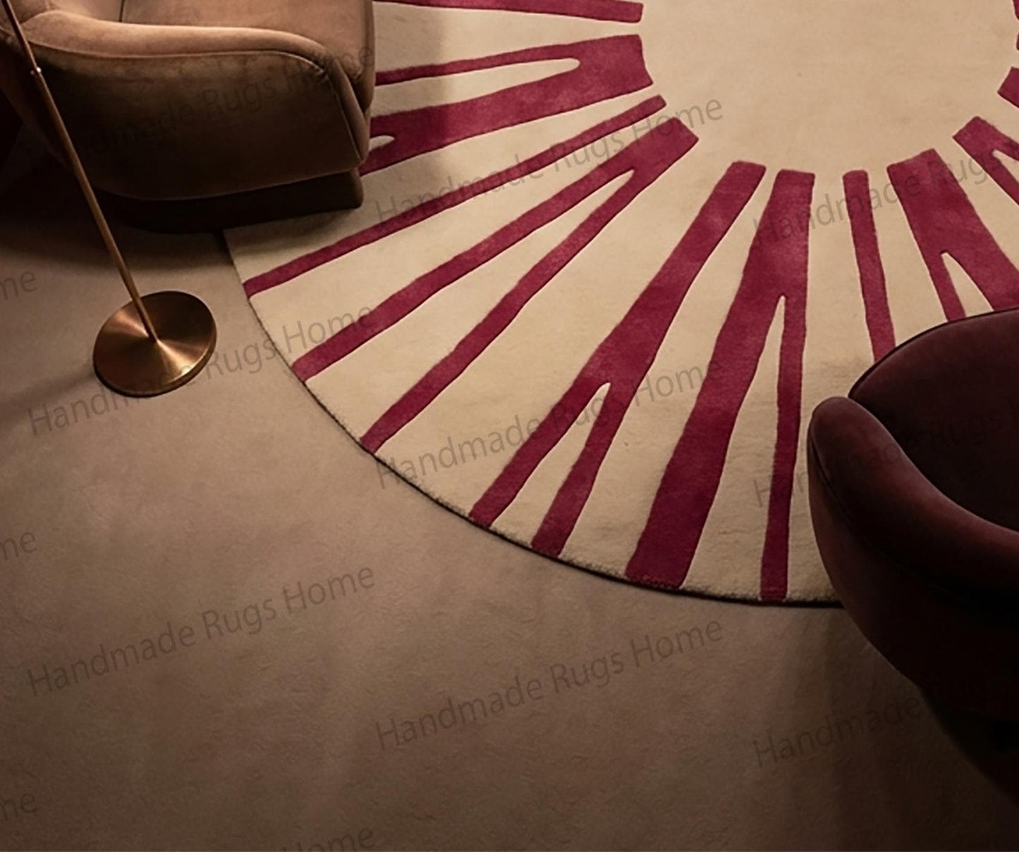 Hand Tufted Wool Sunburst Rug, Burnt Terracotta Circular Carpet