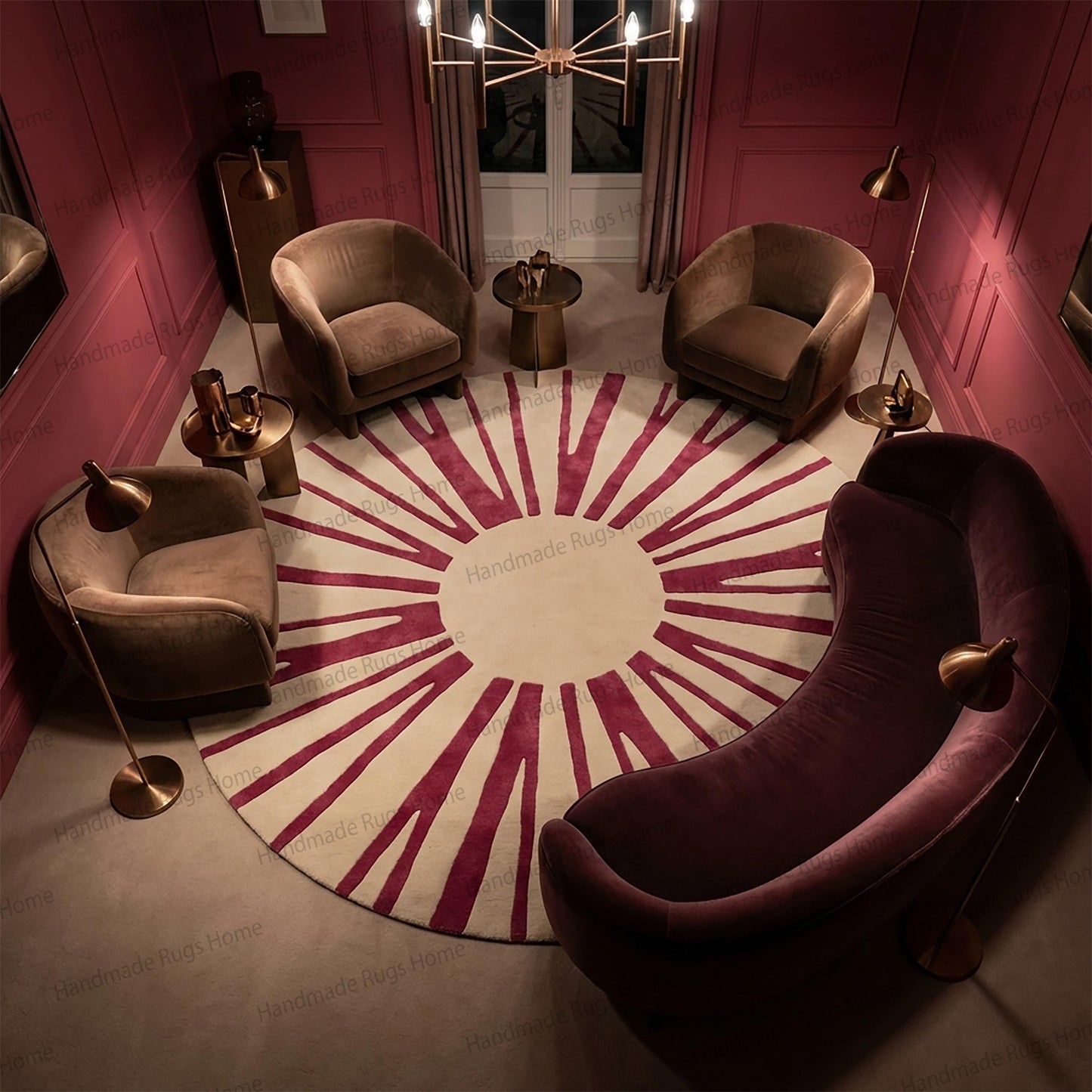 Hand Tufted Wool Sunburst Rug, Burnt Terracotta Circular Carpet