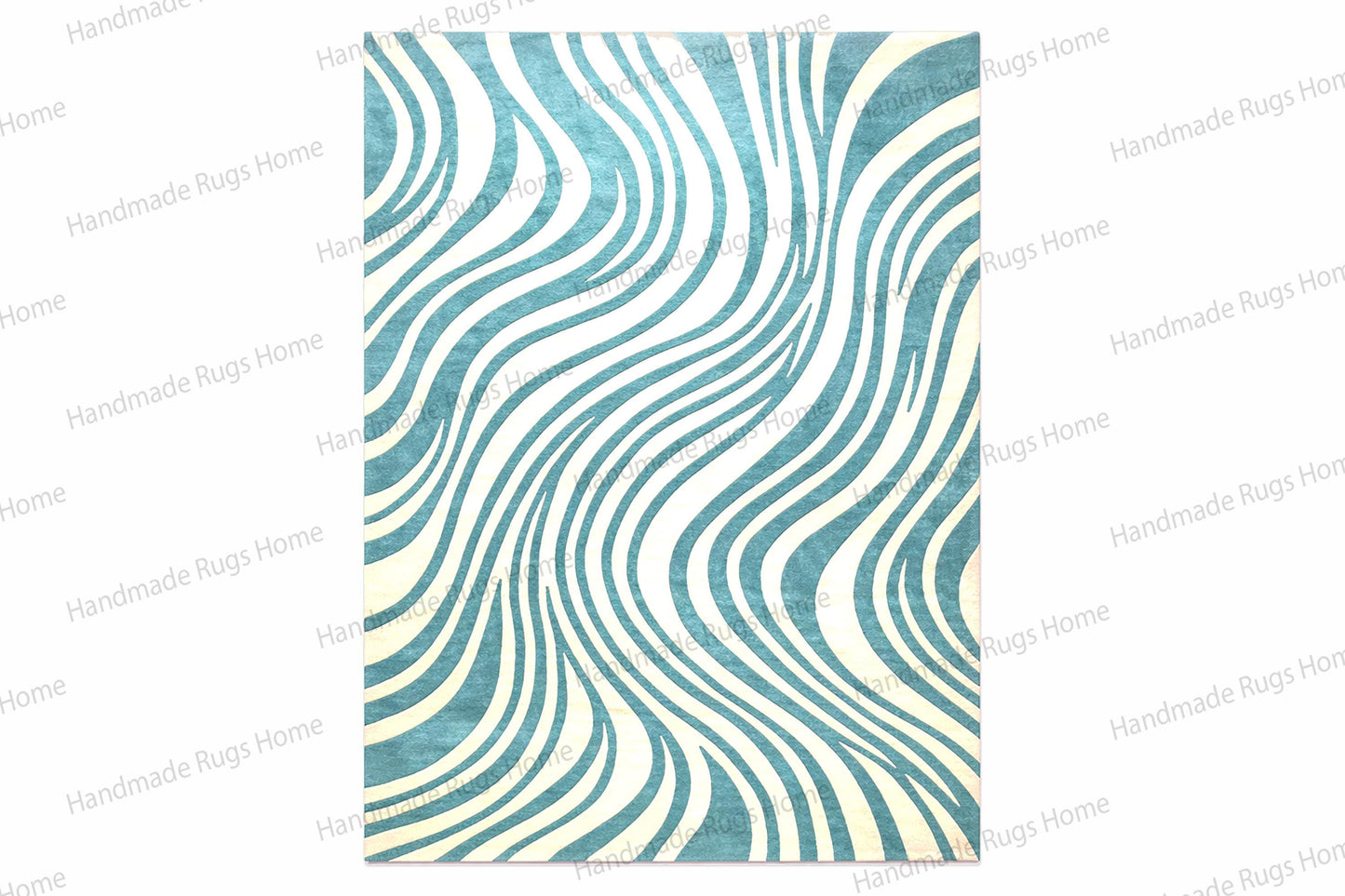 Hand Tufted Wool Rug, Blue Teal Abstract Wave Pattern, Modern Living Room Carpet