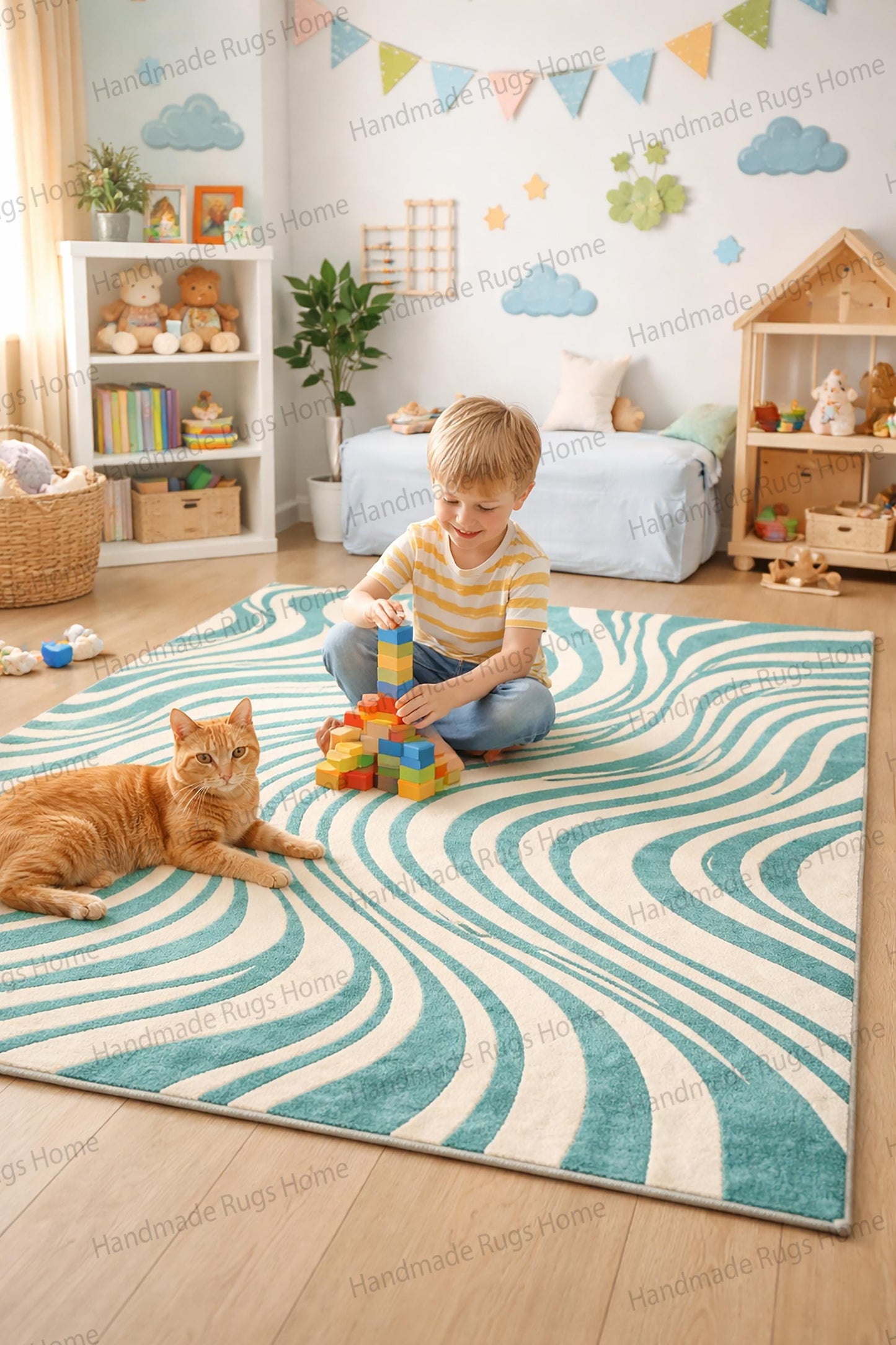 Hand Tufted Wool Rug, Blue Teal Abstract Wave Pattern, Modern Living Room Carpet