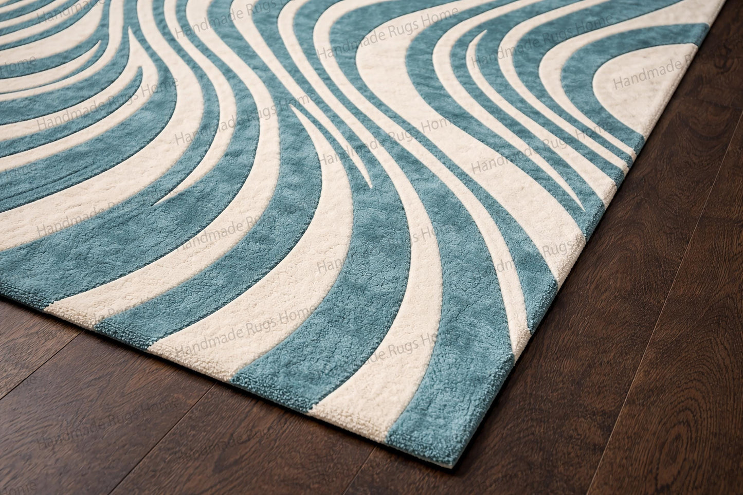 Hand Tufted Wool Rug, Blue Teal Abstract Wave Pattern, Modern Living Room Carpet