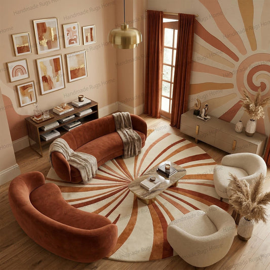 Hand Tufted Wool Sunburst Rug, Terracotta Round Area Floor Decor