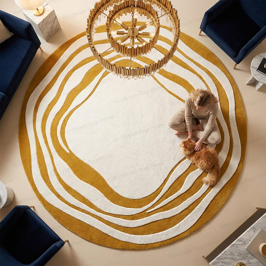 The Aurelia Fluctus Hand-Tufted Circular Rug | Abstract Topography Wavy Design in Mustard Gold & Pearl Cream