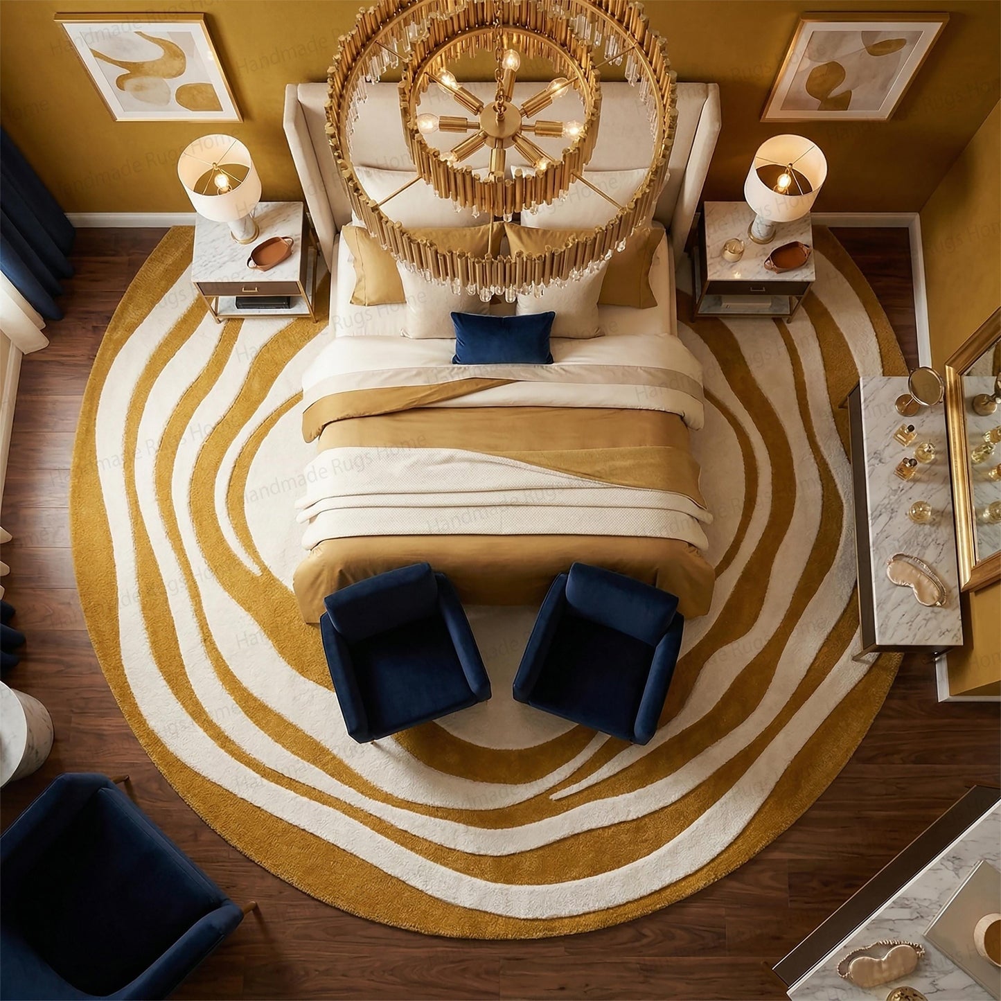 The Aurelia Fluctus Hand-Tufted Circular Rug | Abstract Topography Wavy Design in Mustard Gold & Pearl Cream