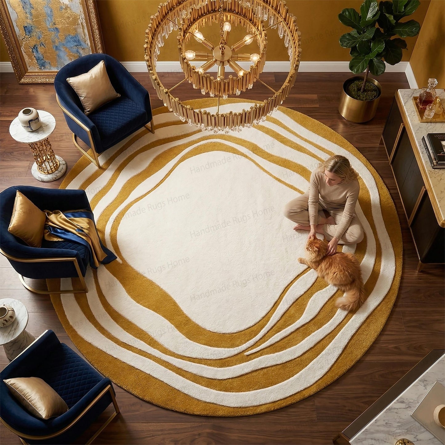 The Aurelia Fluctus Hand-Tufted Circular Rug | Abstract Topography Wavy Design in Mustard Gold & Pearl Cream