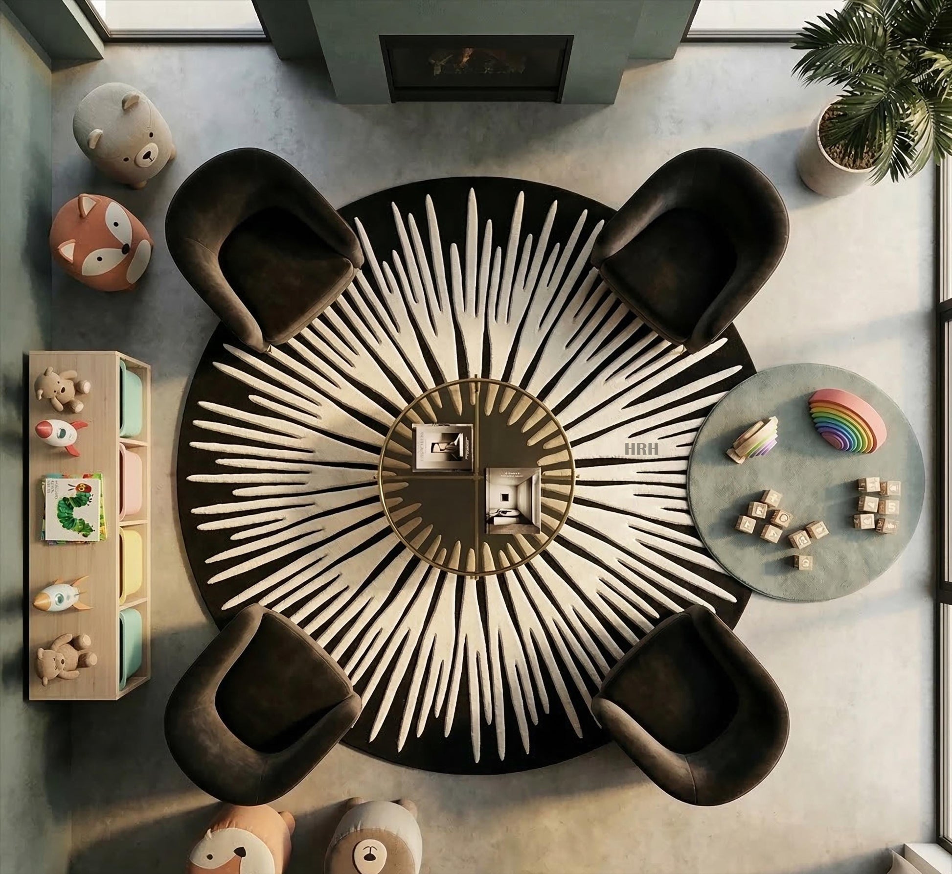 Premium quality tufted wool rug adding texture to concrete floors.

Dynamic starburst motif area rug enhancing modern home aesthetics.

Sophisticated black and off-white room accent piece from above.

High contrast geometric floor covering in minimalist environment.

Luxurious artisanal round carpet with striking visual energy.