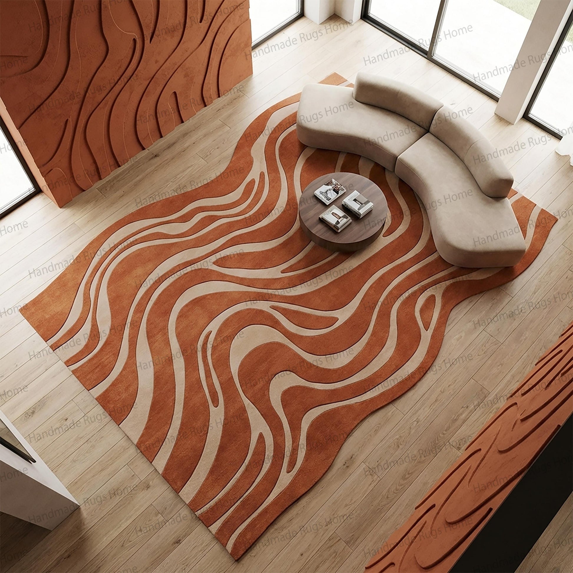 Boho chic interior styling highlighting an artisan crafted floor piece.

Thick pile abstract tapestry blending clay and ivory tones.

Elegant room centerpiece displaying dynamic swirl motifs.

Cozy lounge area grounded by a custom rust colored carpet.

Premium handmade rug adding texture to wooden flooring.