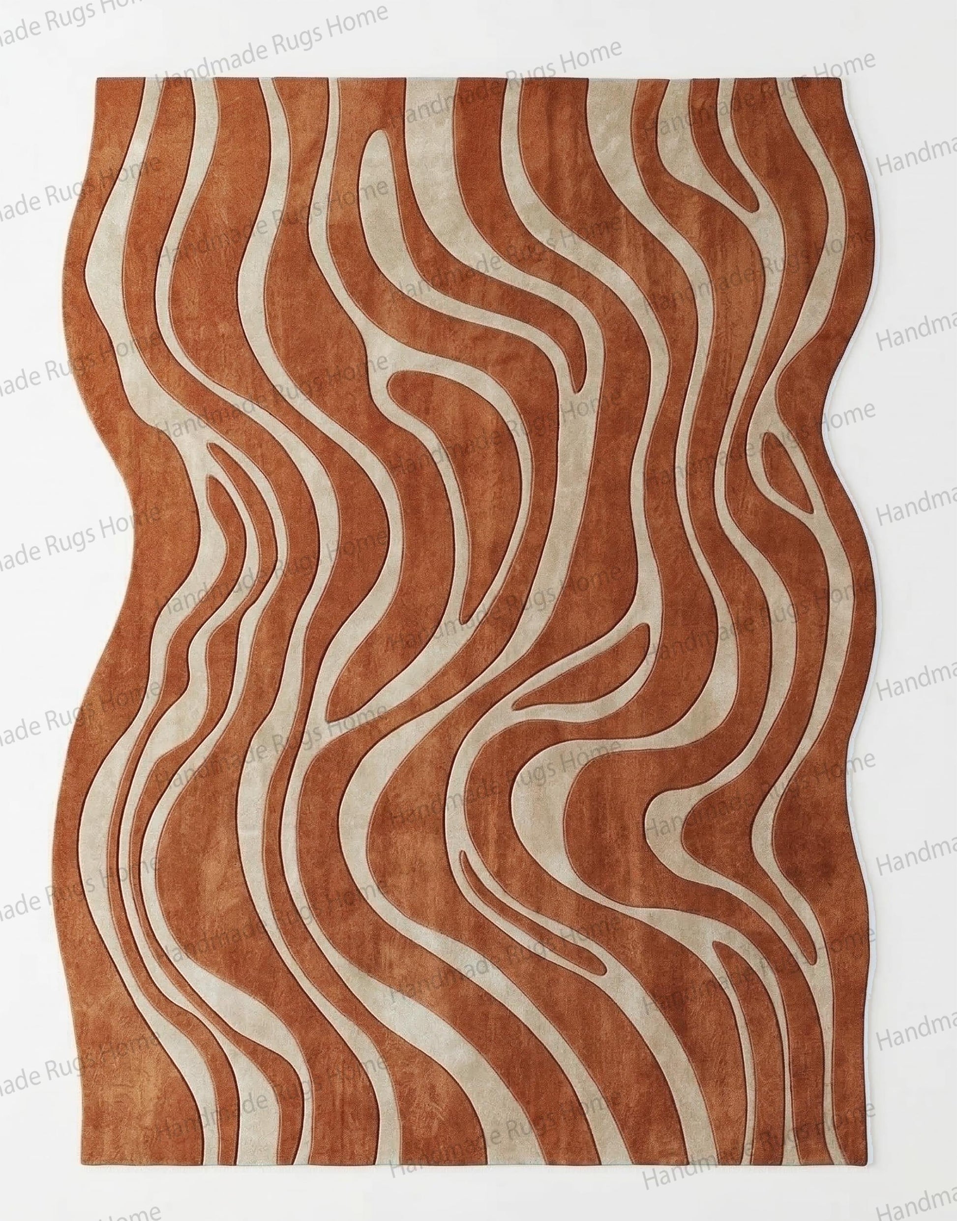 Interior design mockup showing an organic luxury centerpiece.

Hand-crafted rust and beige carpet providing plush foot comfort.

Eye-catching floor mat enhancing a monochromatic terracotta room.

Upscale bohemian rug with mesmerizing fluid contours.

Bespoke earthy floor decoration adding warmth and elegance.