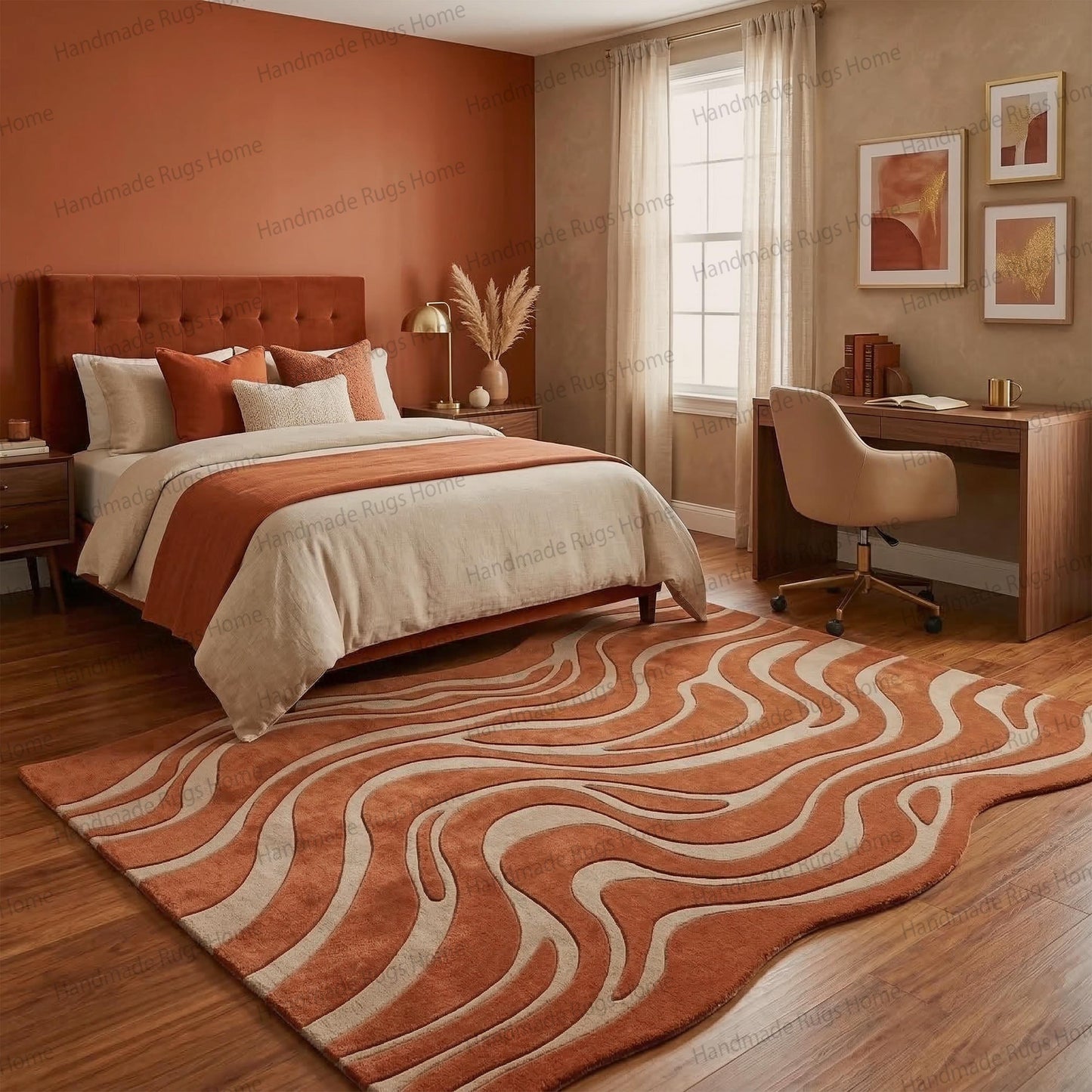 Sophisticated earth tone decor featuring flowing geometric shapes.

Artistic area rug resembling topographical maps in warm hues.

High-quality tufted floor accent for contemporary home design.

Beautiful marble effect wool rug in a stylish seating space.

Trendy burnt orange wavy mat complementing natural wood furniture.