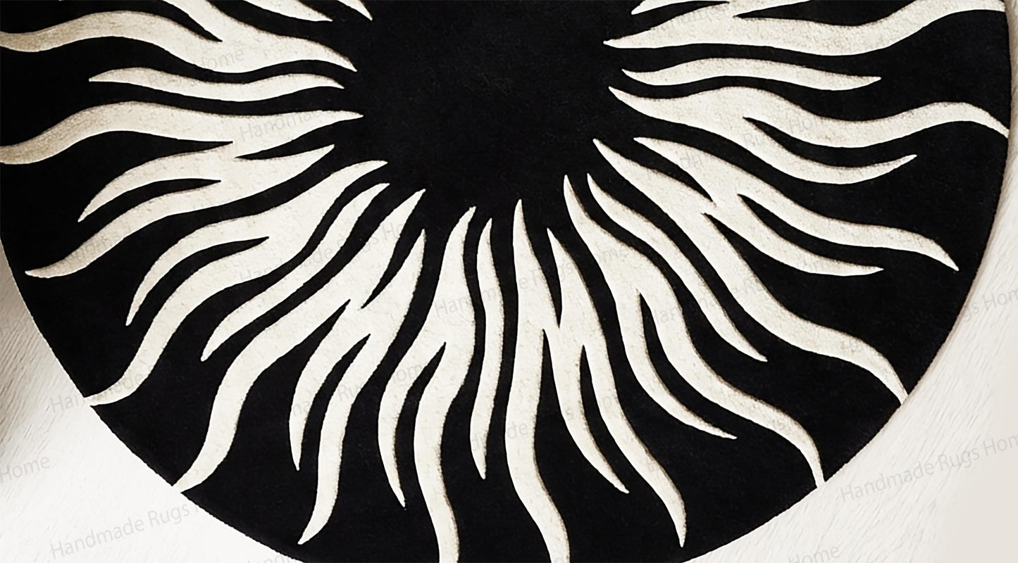 Hand-Tufted Wool Round Rug, Black White Sunburst Modern Carpet, Living Room Decor