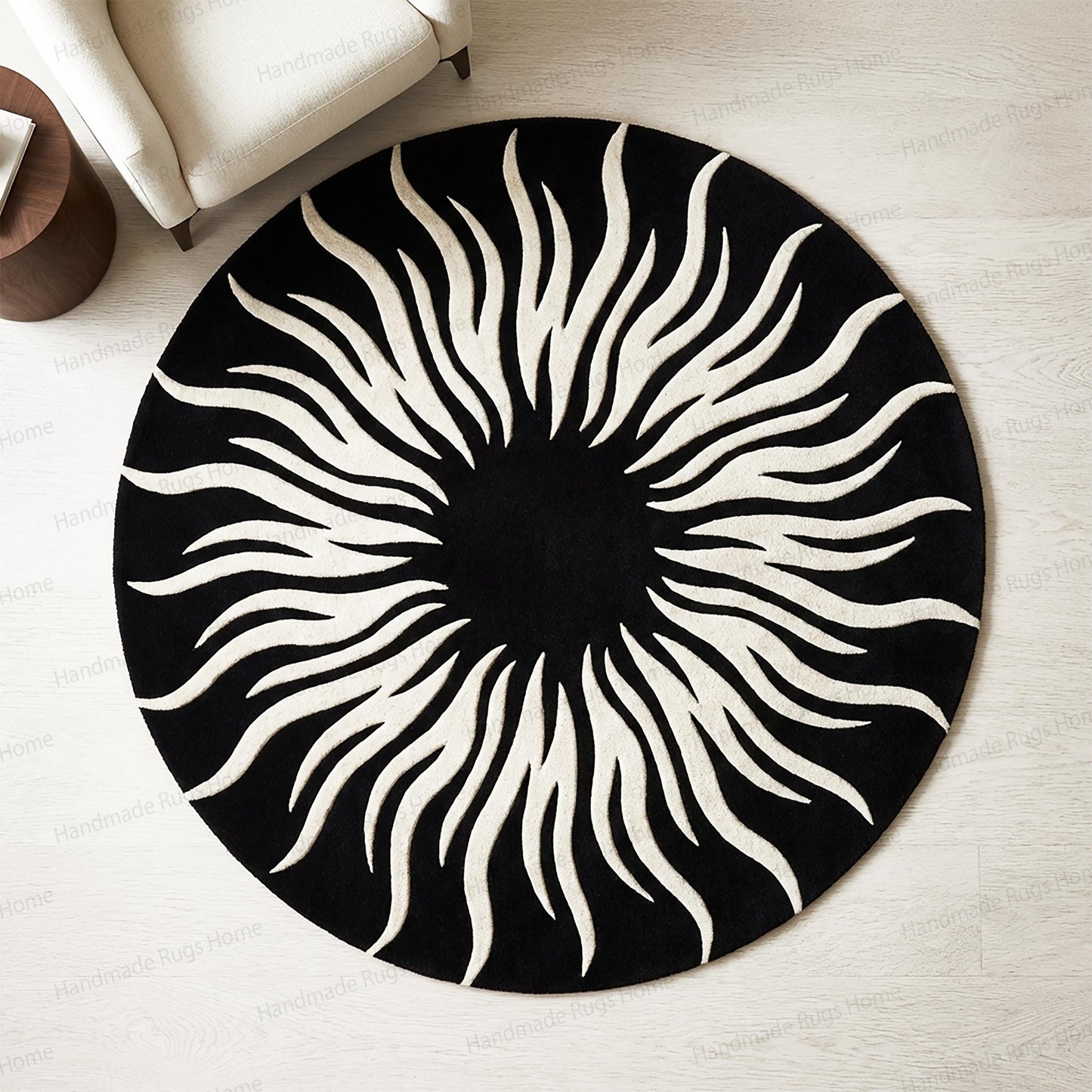 Hand-Tufted Wool Round Rug, Black White Sunburst Modern Carpet, Living Room Decor
