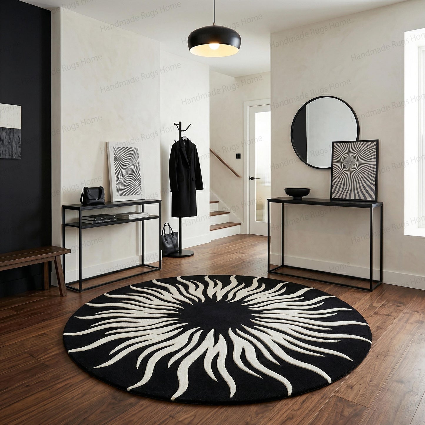 Hand-Tufted Wool Round Rug, Black White Sunburst Modern Carpet, Living Room Decor