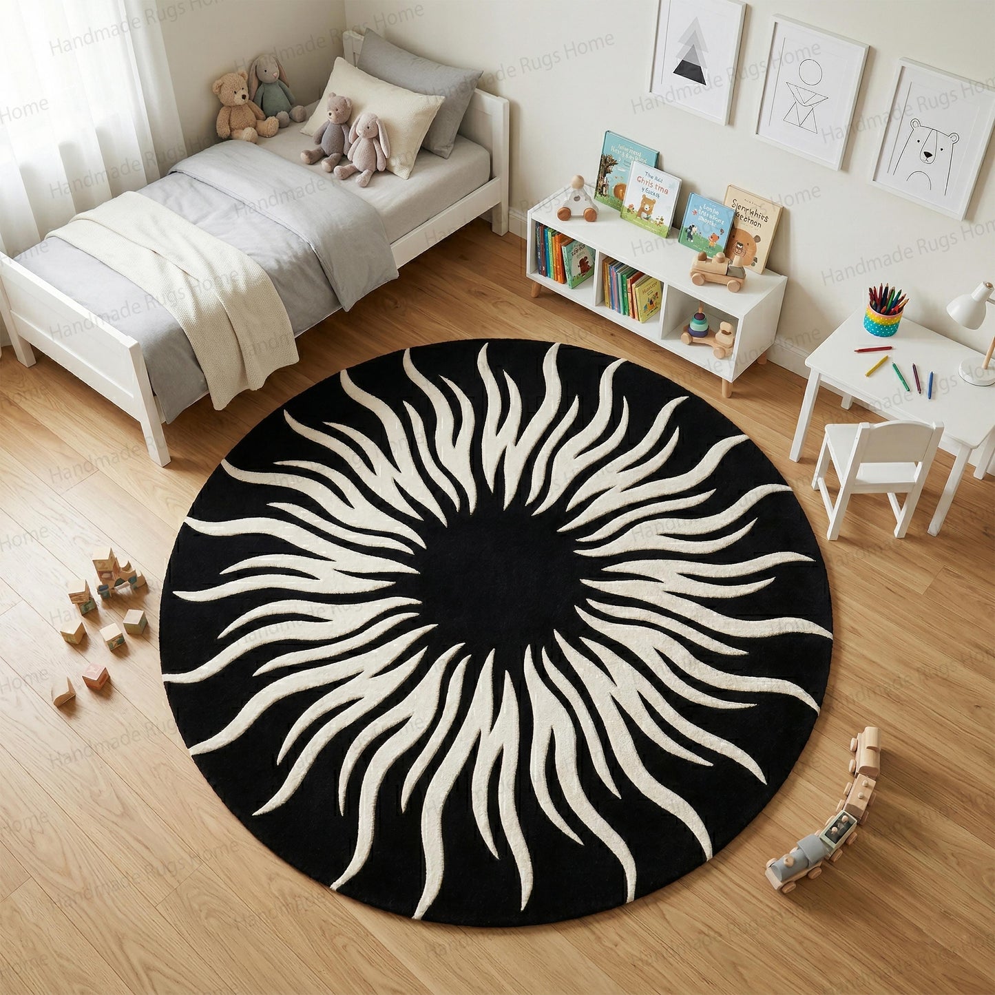 Hand-Tufted Wool Round Rug, Black White Sunburst Modern Carpet, Living Room Decor
