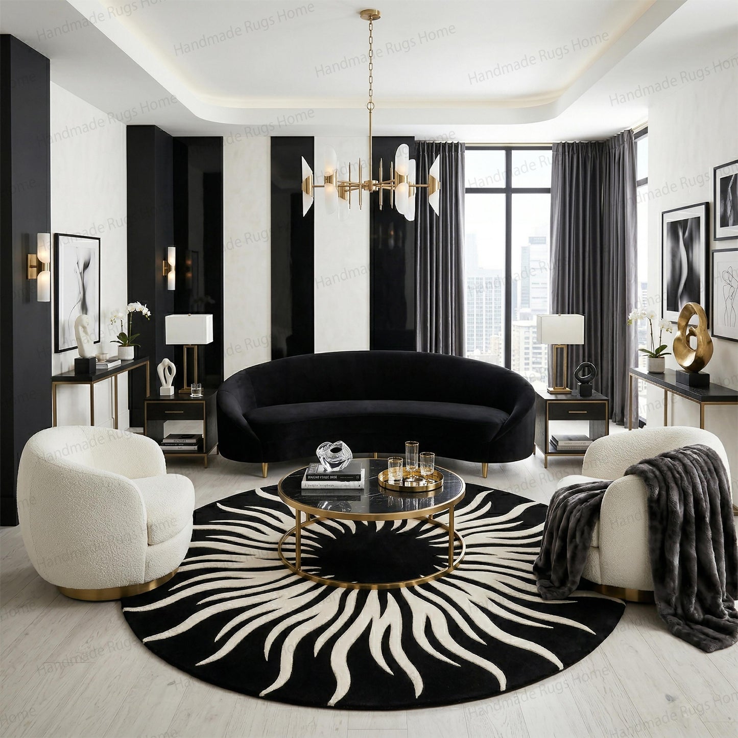Hand-Tufted Wool Round Rug, Black White Sunburst Modern Carpet, Living Room Decor