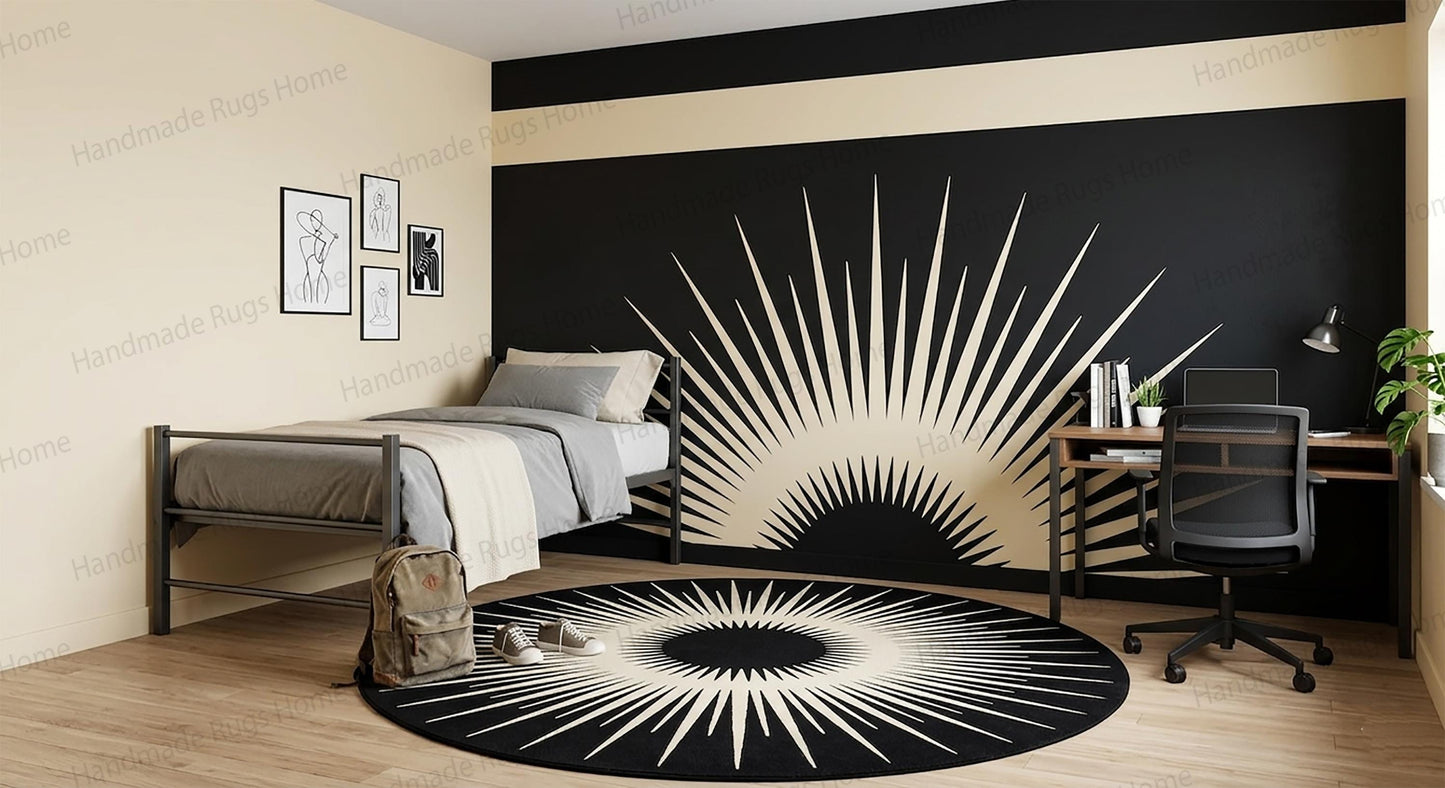 Hand-Tufted Wool Round Rug: Black and White Modern Carpet