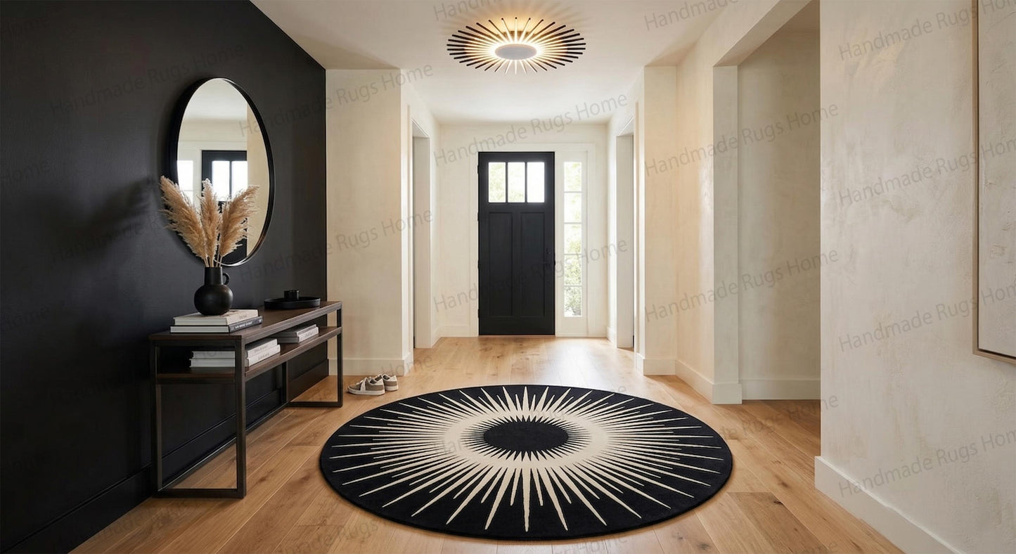 Hand-Tufted Wool Round Rug: Black and White Modern Carpet