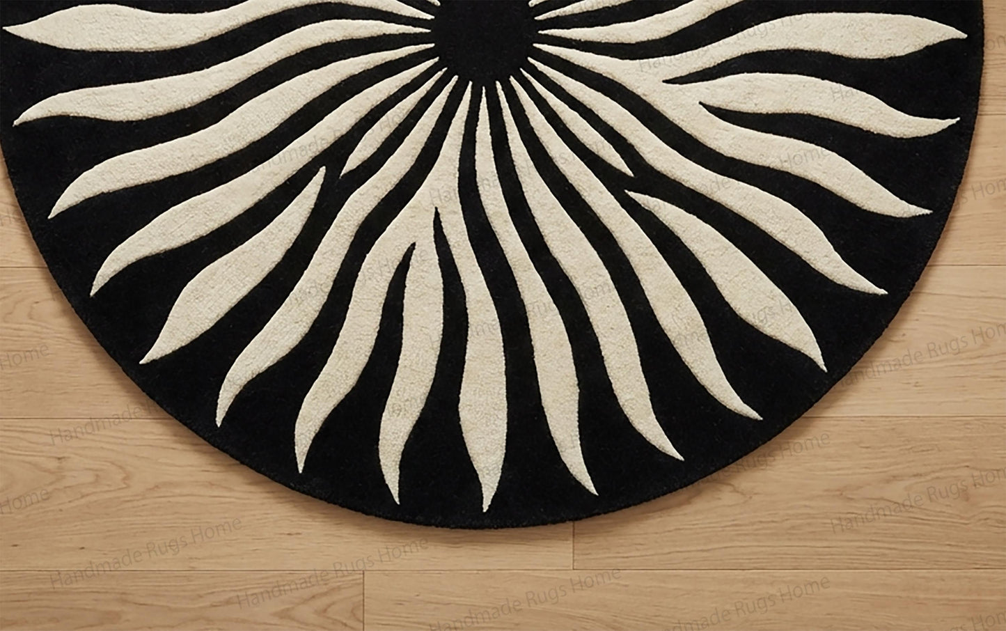 Hand Tufted Wool Sunburst Rug | Modern Black Ivory Round Carpet