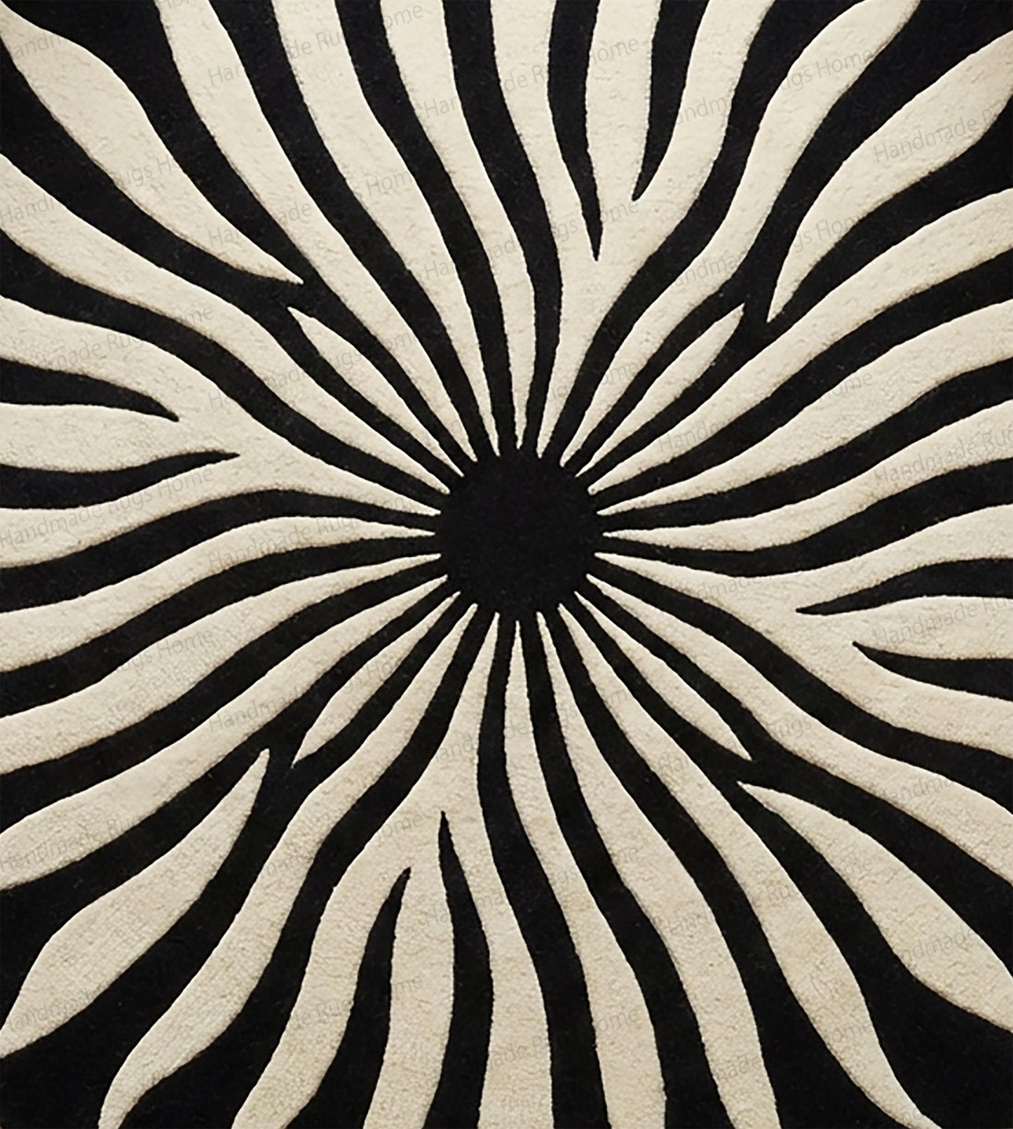 Hand Tufted Wool Sunburst Rug | Modern Black Ivory Round Carpet