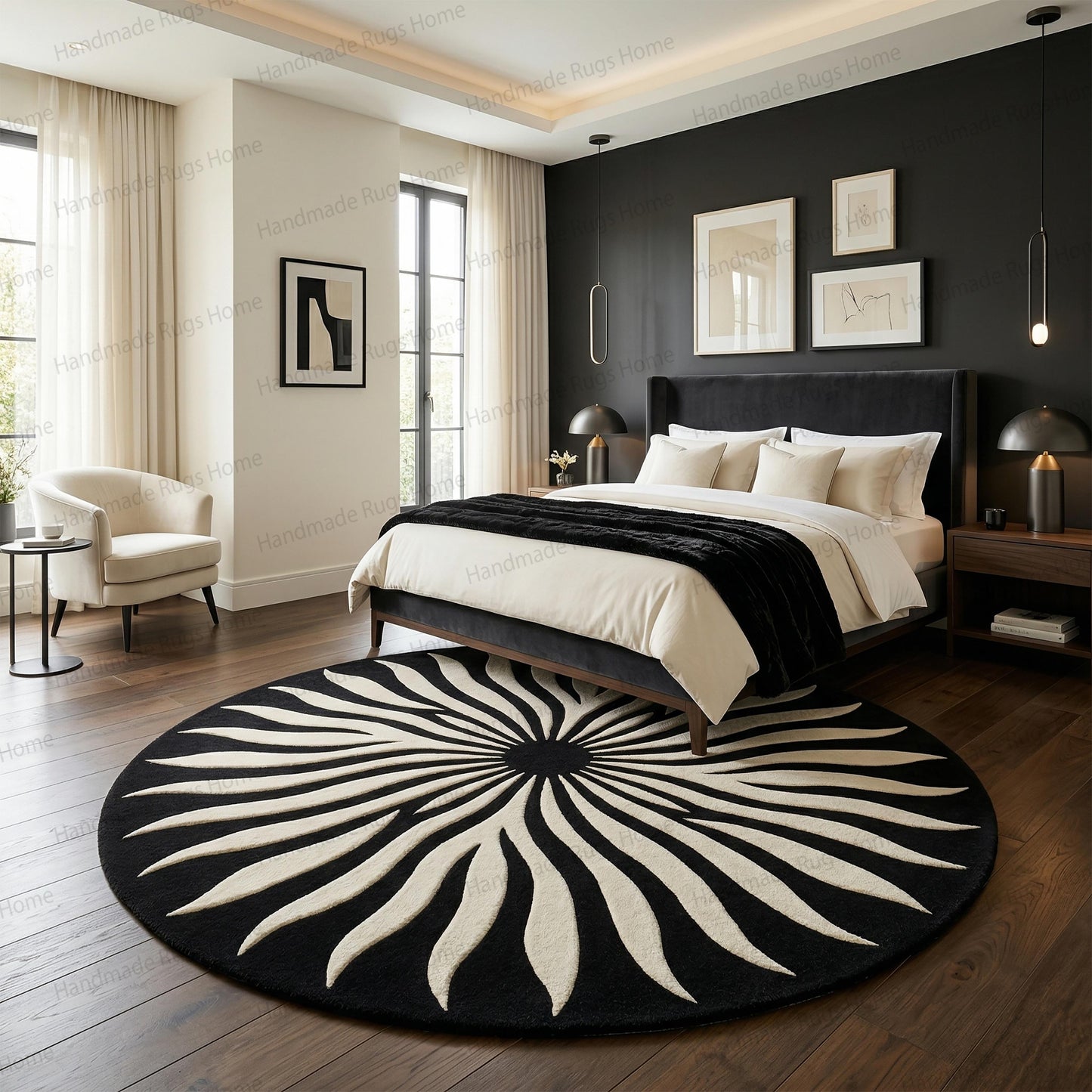 Hand Tufted Wool Sunburst Rug | Modern Black Ivory Round Carpet