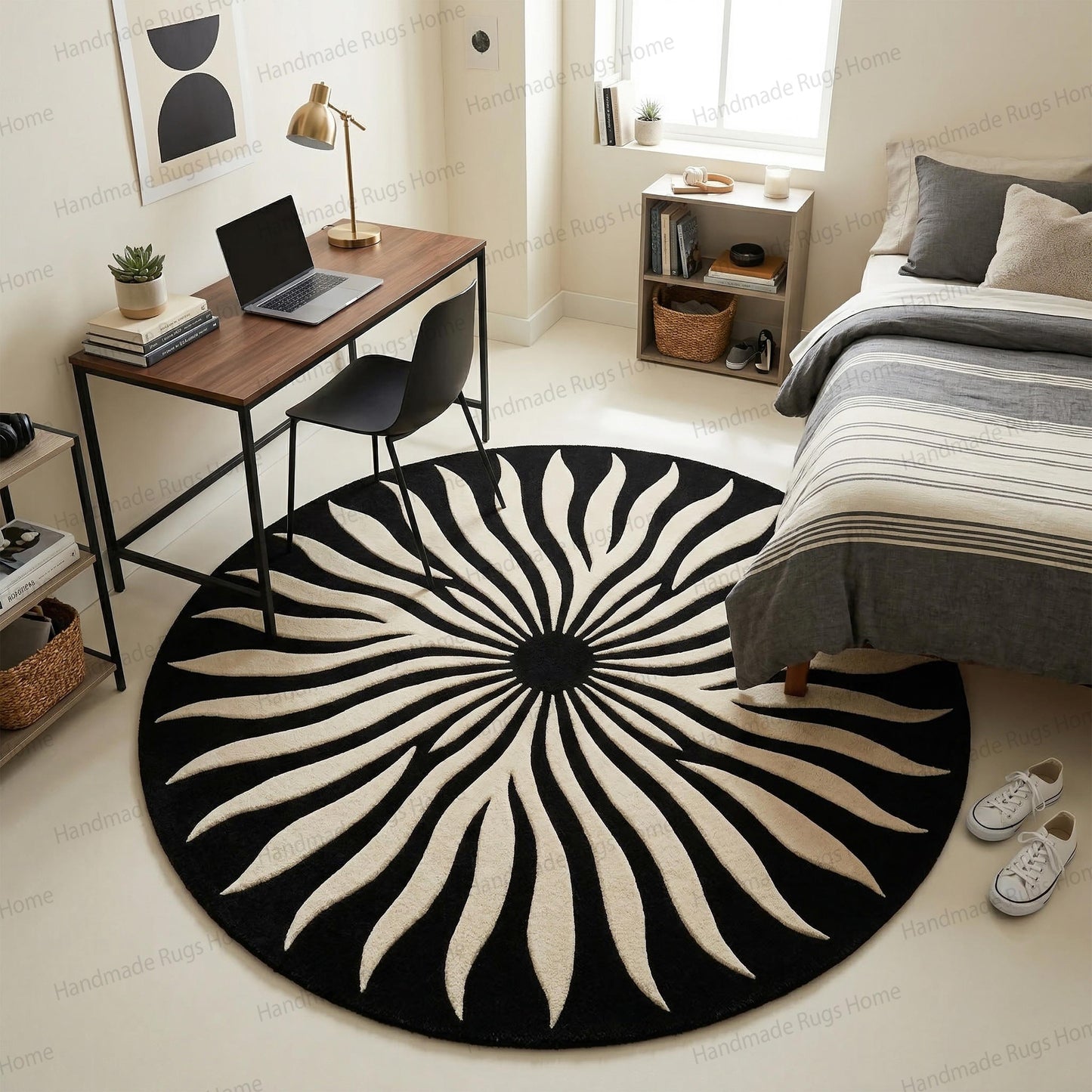 Hand Tufted Wool Sunburst Rug | Modern Black Ivory Round Carpet