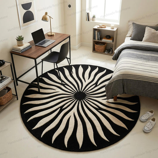Hand Tufted Wool Sunburst Rug | Modern Black Ivory Round Carpet
