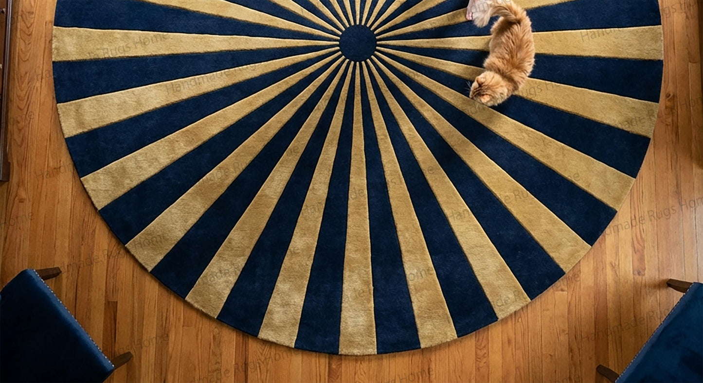 Hand Tufted Wool Rug, Sunburst Pattern, Teal Ivory Round Carpet