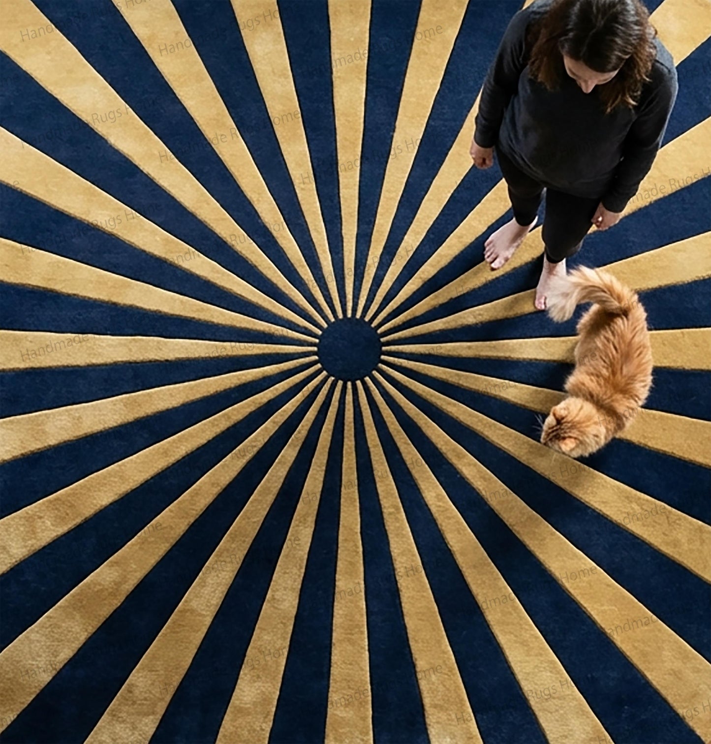 Hand Tufted Wool Rug, Sunburst Pattern, Teal Ivory Round Carpet