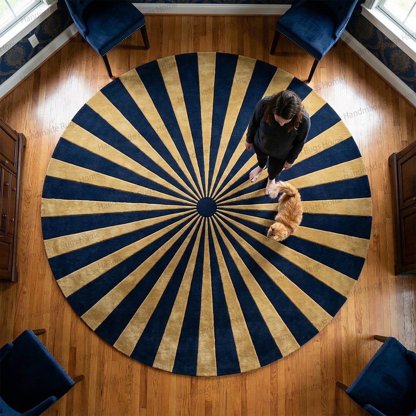 Hand Tufted Wool Rug, Sunburst Pattern, Teal Ivory Round Carpet