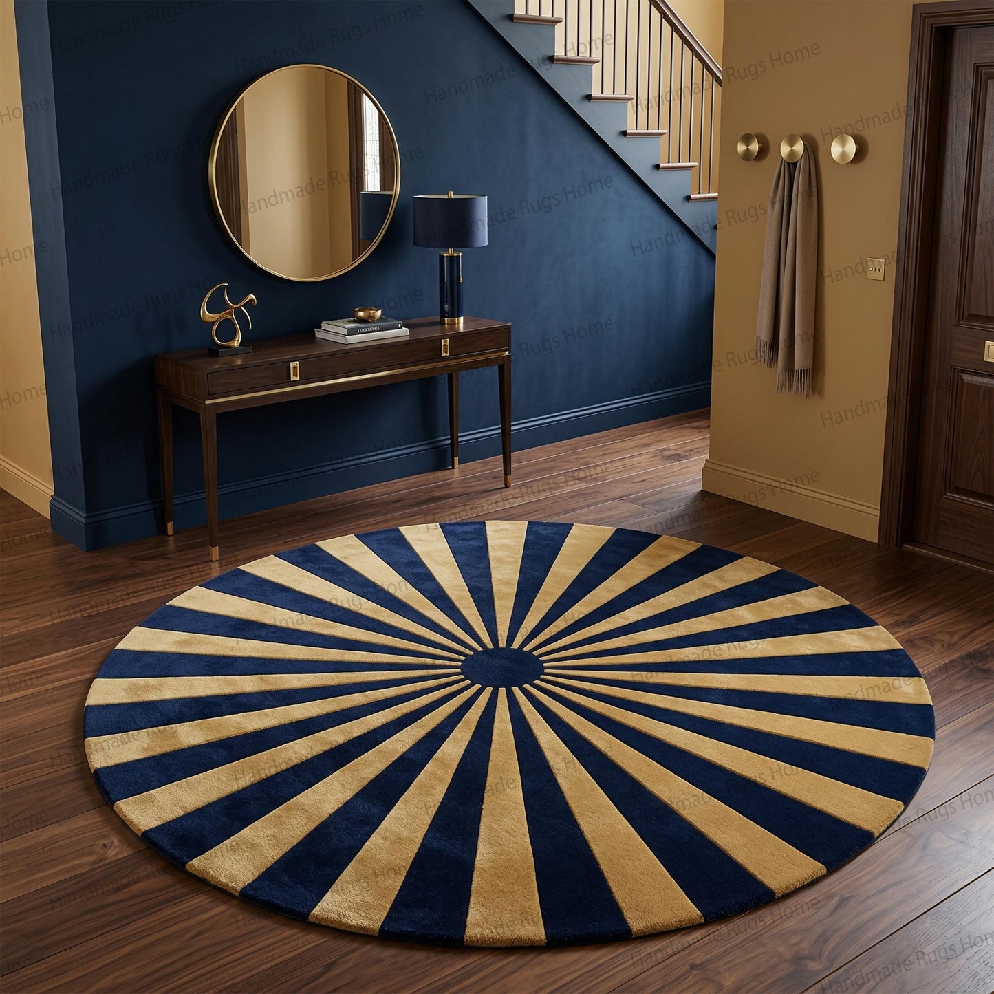 Hand Tufted Wool Rug, Sunburst Pattern, Teal Ivory Round Carpet