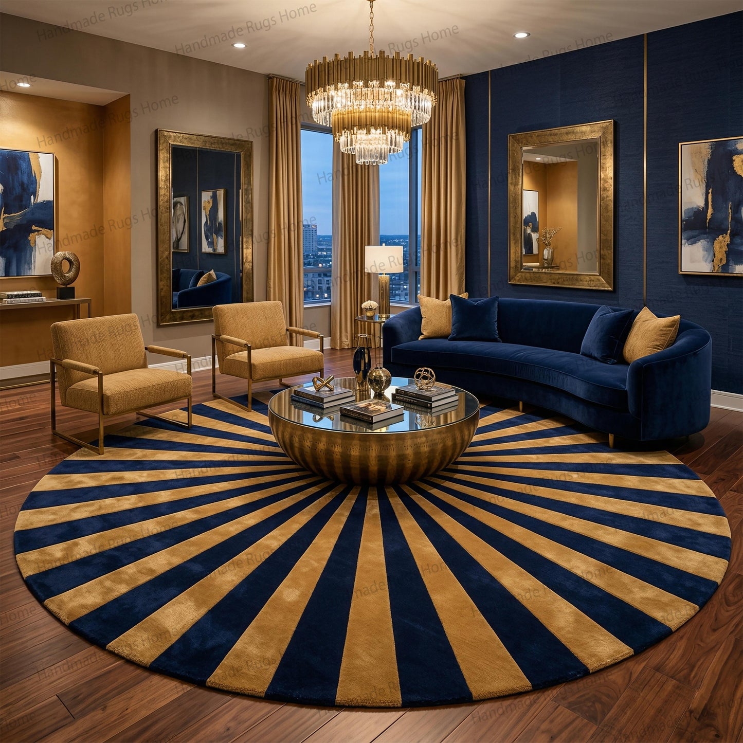 Hand Tufted Wool Rug, Sunburst Pattern, Teal Ivory Round Carpet