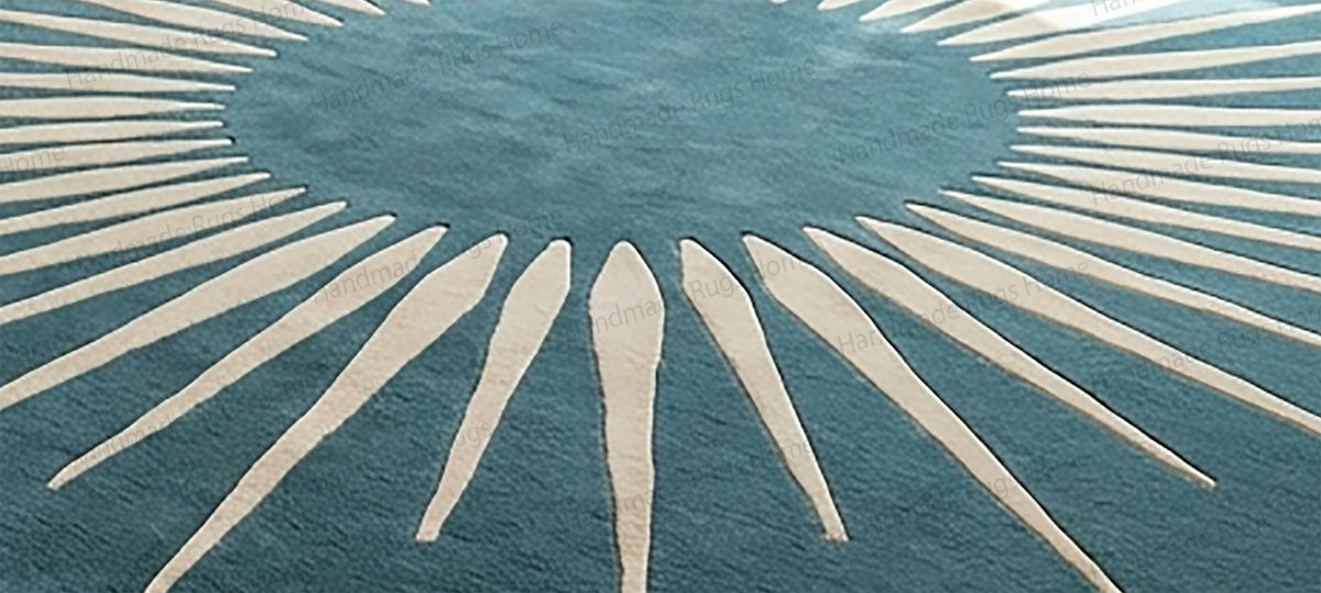 Hand-Tufted Wool Sunburst Rug, Teal Ivory Modern Round Carpet, Geometric Living Room Decor