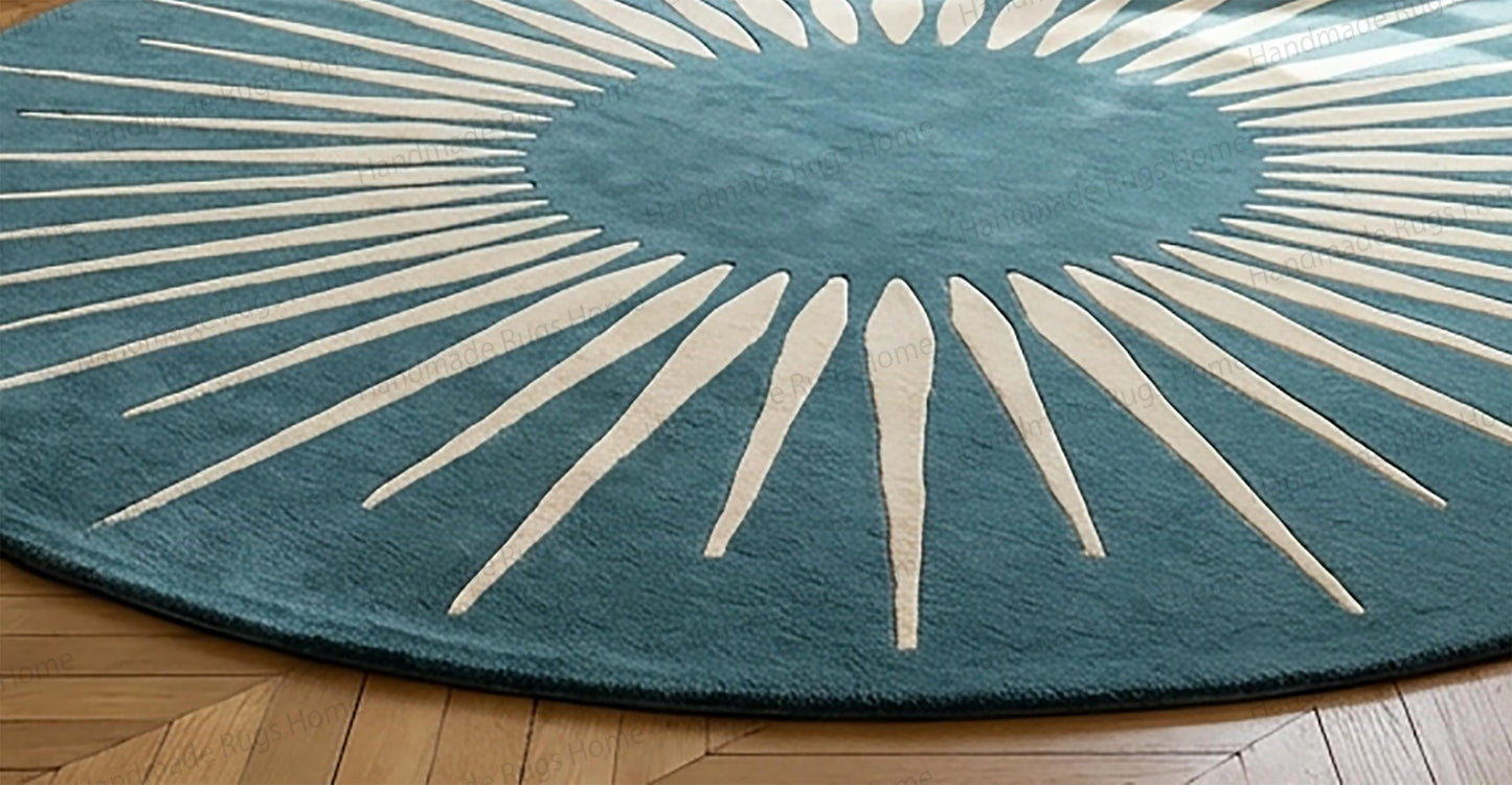 Hand-Tufted Wool Sunburst Rug, Teal Ivory Modern Round Carpet, Geometric Living Room Decor