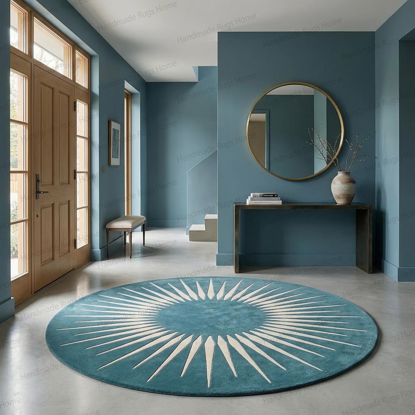 Hand-Tufted Wool Sunburst Rug, Teal Ivory Modern Round Carpet, Geometric Living Room Decor