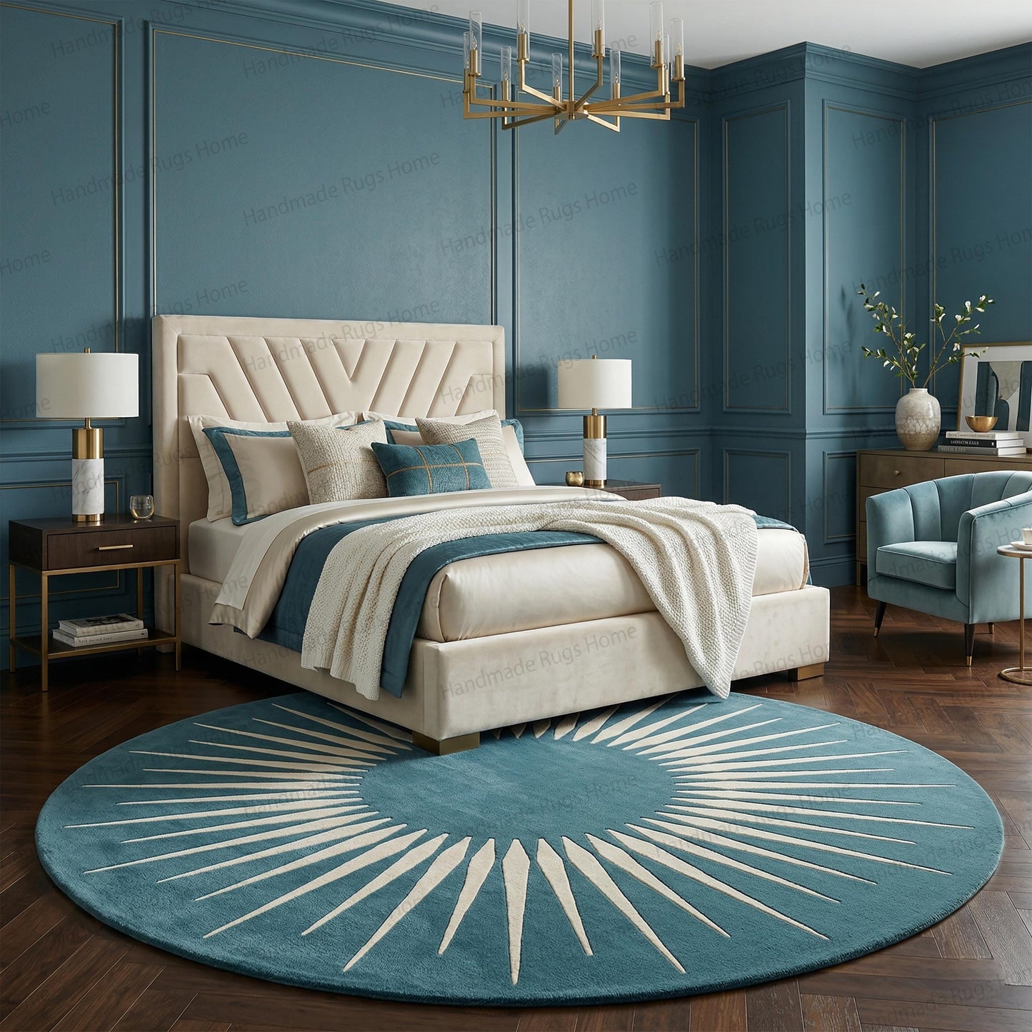 Hand-Tufted Wool Sunburst Rug, Teal Ivory Modern Round Carpet, Geometric Living Room Decor