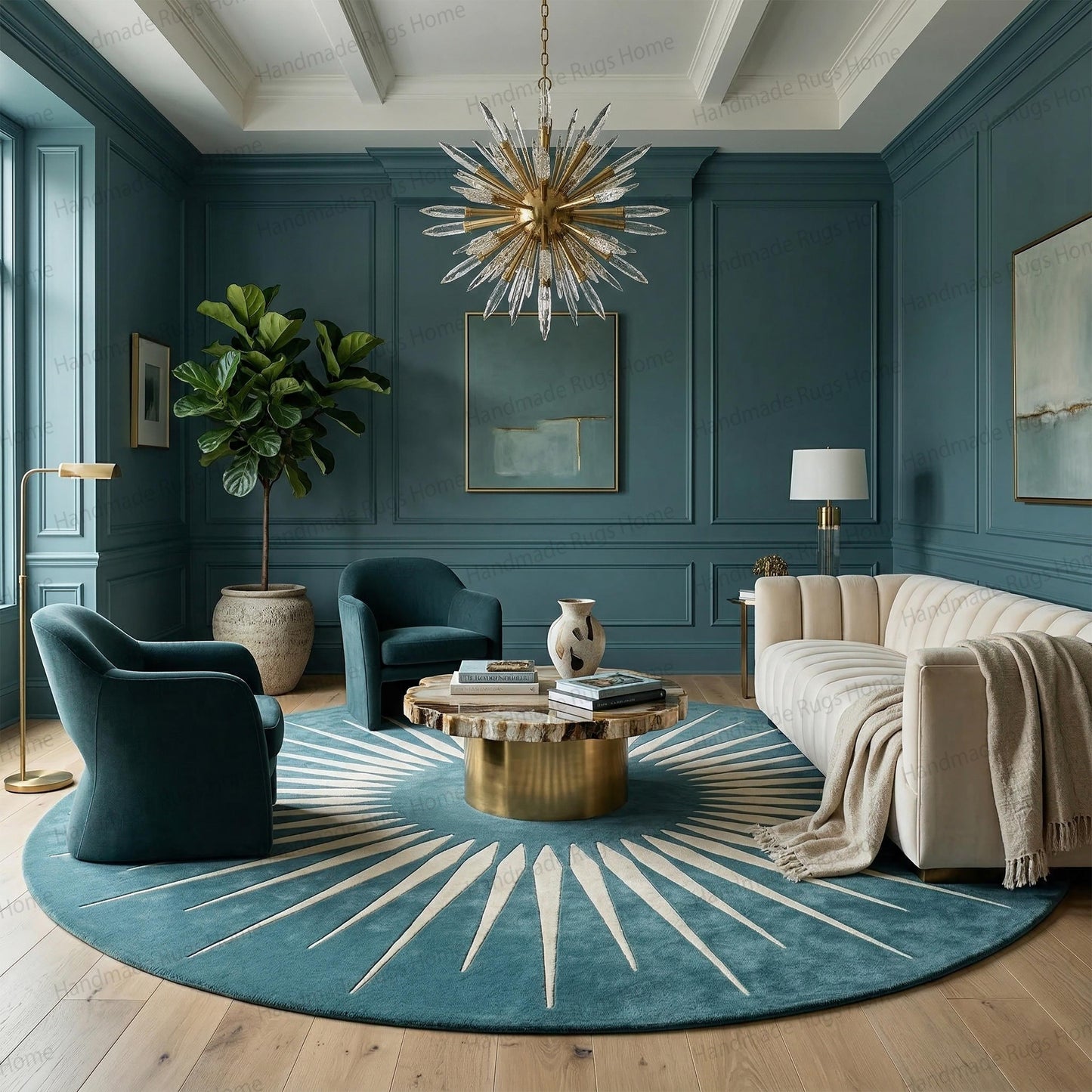 Hand-Tufted Wool Sunburst Rug, Teal Ivory Modern Round Carpet, Geometric Living Room Decor