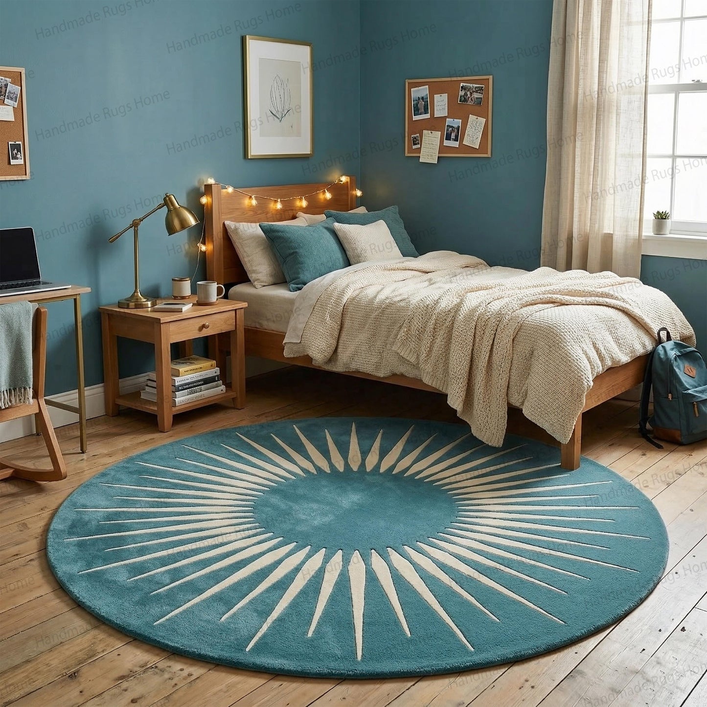 Hand-Tufted Wool Sunburst Rug, Teal Ivory Modern Round Carpet, Geometric Living Room Decor