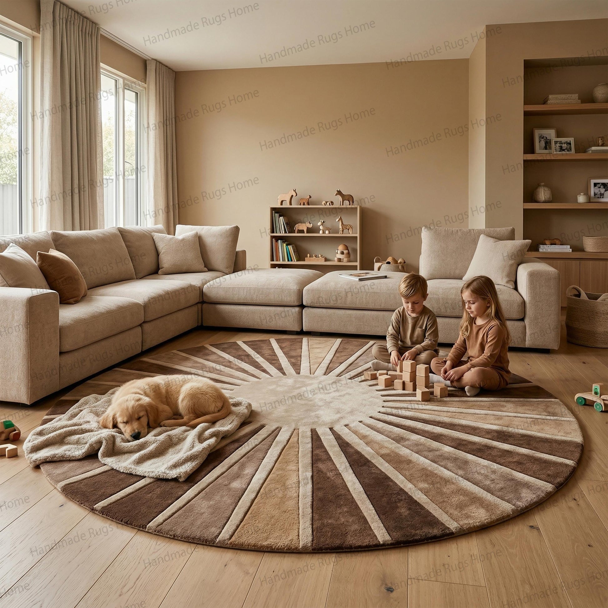 Organic modern aesthetic circular floor accessory,

Distinctive geometric ray pattern in a plush tufted textile,

High quality handcrafted interior design focal piece,

Two tone brown and cream decorative round floor carpet,

Warm inviting contemporary textile art for modern homes