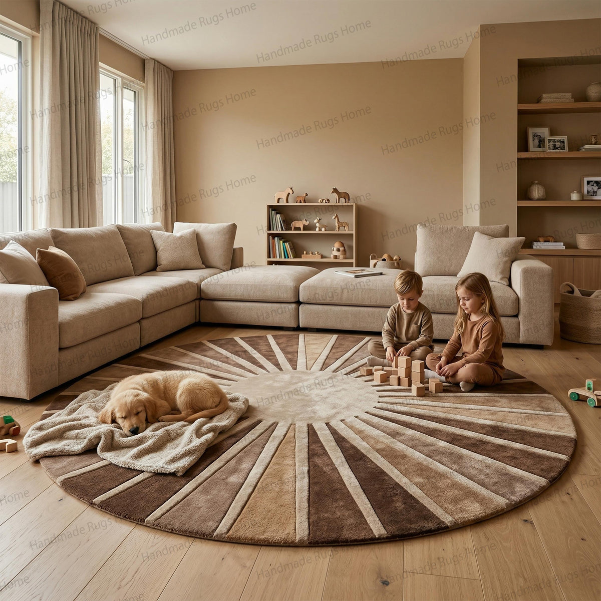 Organic modern aesthetic circular floor accessory,

Distinctive geometric ray pattern in a plush tufted textile,

High quality handcrafted interior design focal piece,

Two tone brown and cream decorative round floor carpet,

Warm inviting contemporary textile art for modern homes