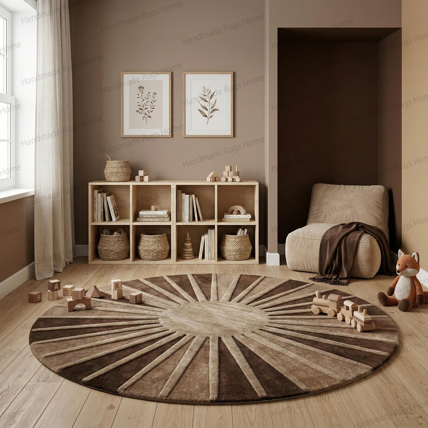Hand-Tufted Wool Sunburst Rug: Earth Toned, Round, Artisan Home Accent