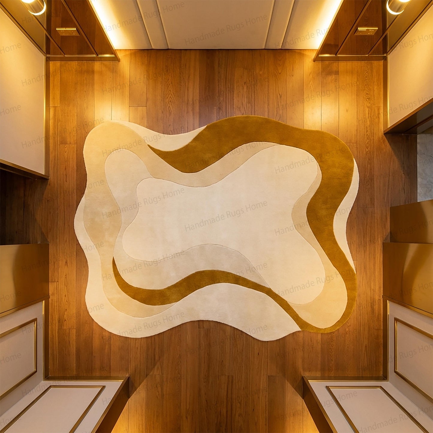 Freeform blob shape carpet adding aesthetic warmth to a chic space.

Premium thick pile handmade rug showcasing fluid artistic lines.

Elegant neutral color palette floor art in an upscale minimalist nursery.